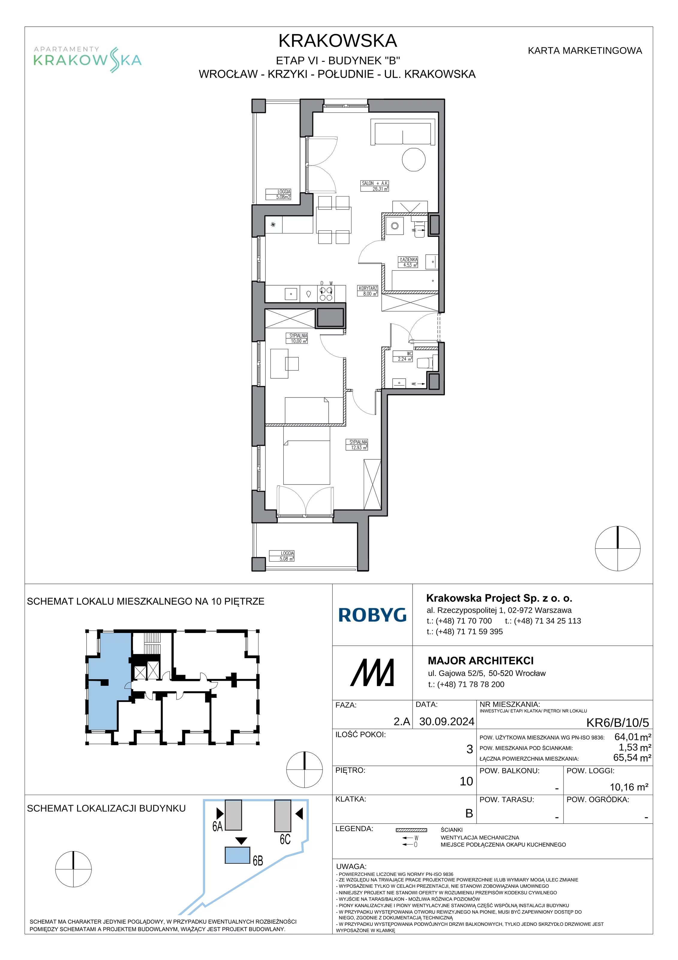 3 pokoje, mieszkanie 64,01 m², piętro 10, oferta nr KR6/B/10/5, Apartamenty Krakowska 6, Wrocław, Przedmieście Oławskie, Krzyki, ul. Krakowska