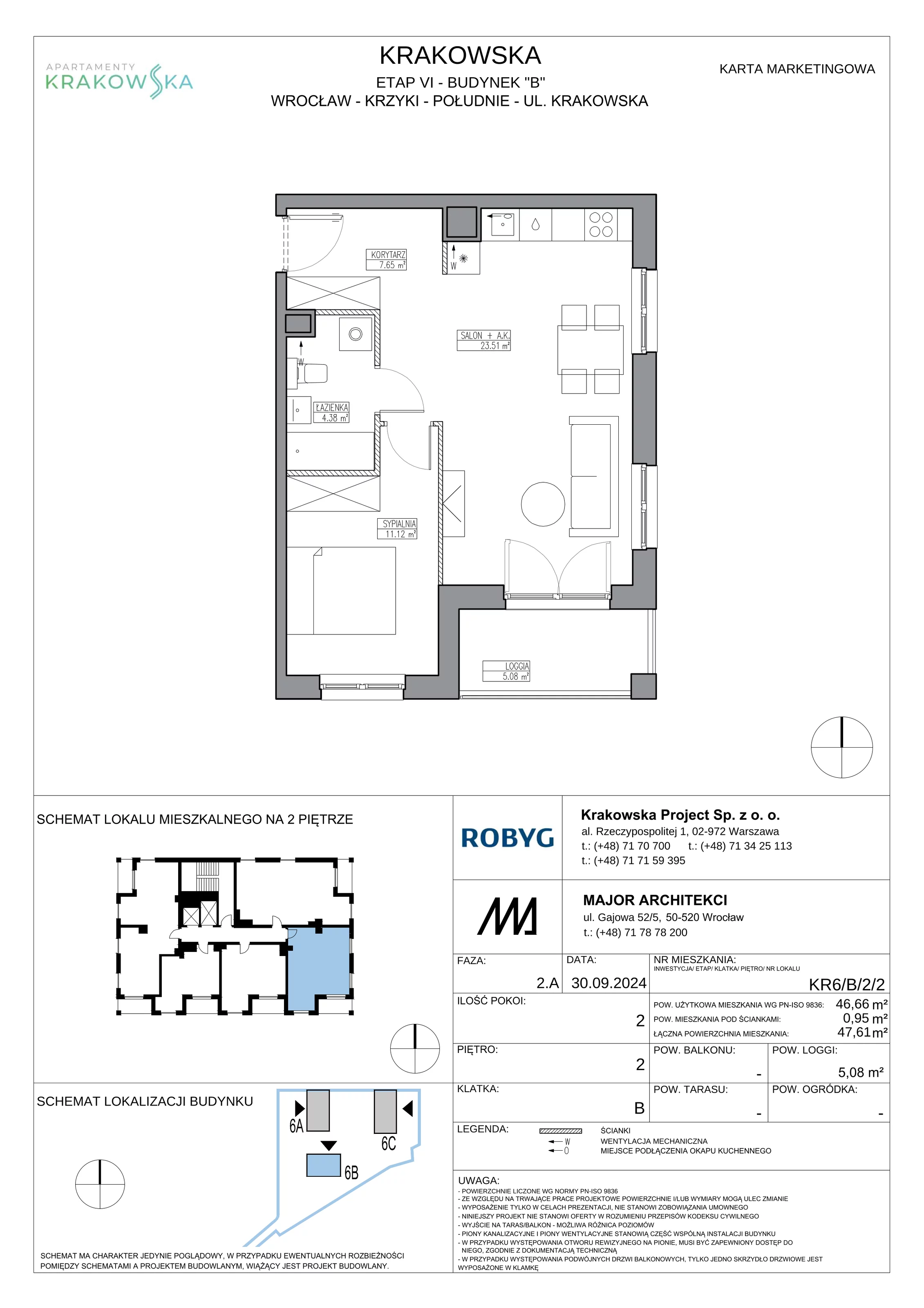 2 pokoje, mieszkanie 46,66 m², piętro 2, oferta nr KR6/B/2/2, Apartamenty Krakowska 6, Wrocław, Przedmieście Oławskie, Krzyki, ul. Krakowska