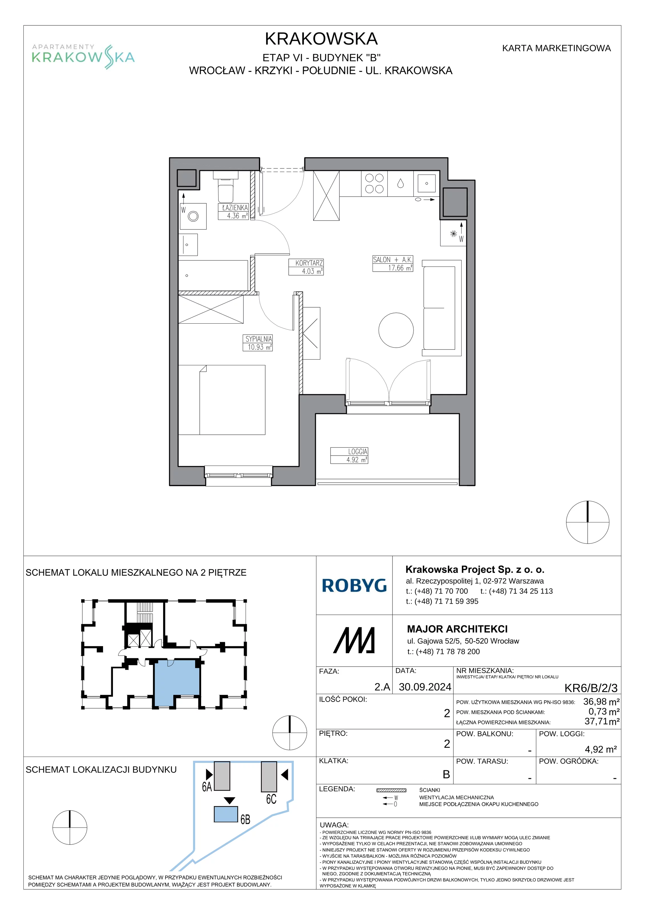 2 pokoje, mieszkanie 36,98 m², piętro 2, oferta nr KR6/B/2/3, Apartamenty Krakowska 6, Wrocław, Przedmieście Oławskie, Krzyki, ul. Krakowska