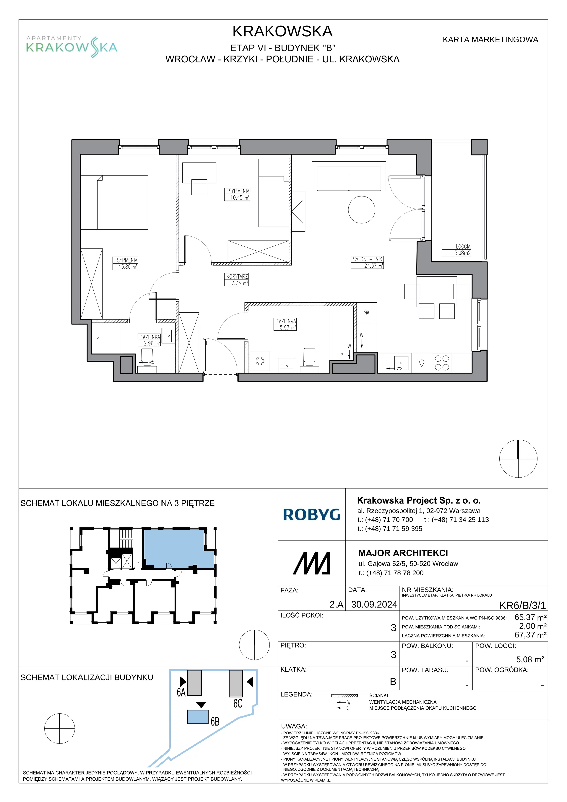 3 pokoje, mieszkanie 65,37 m², piętro 3, oferta nr KR6/B/3/1, Apartamenty Krakowska 6, Wrocław, Przedmieście Oławskie, Krzyki, ul. Krakowska