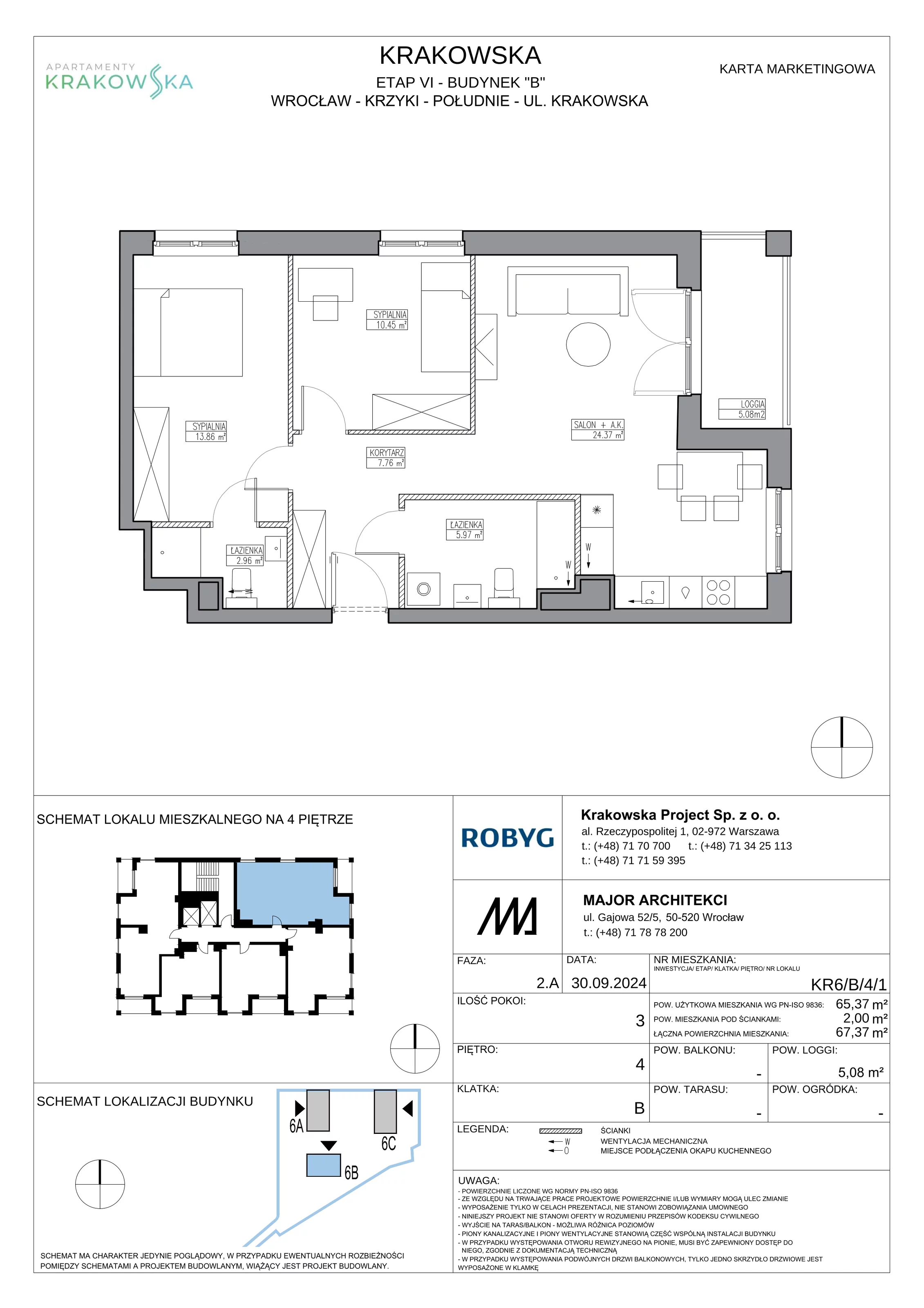 3 pokoje, mieszkanie 65,37 m², piętro 4, oferta nr KR6/B/4/1, Apartamenty Krakowska 6, Wrocław, Przedmieście Oławskie, Krzyki, ul. Krakowska