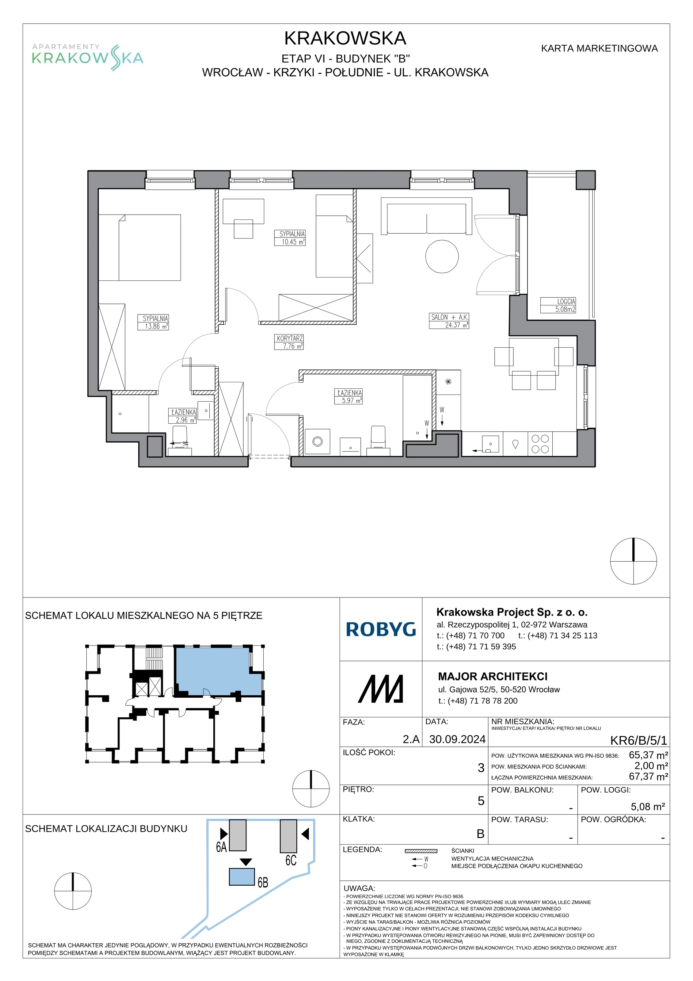 3 pokoje, mieszkanie 65,37 m², piętro 5, oferta nr KR6/B/5/1, Apartamenty Krakowska 6, Wrocław, Przedmieście Oławskie, Krzyki, ul. Krakowska