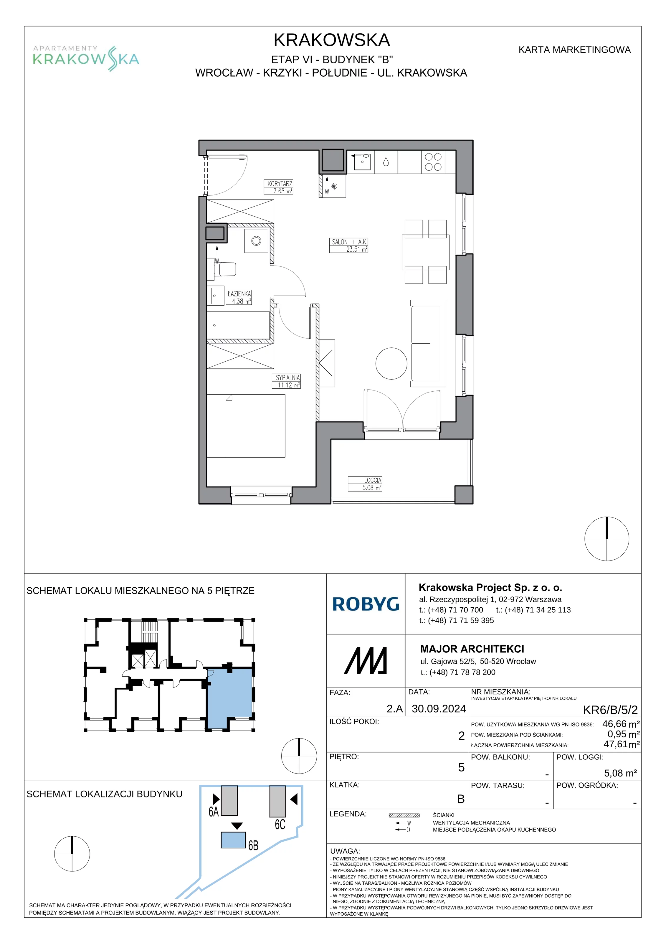 2 pokoje, mieszkanie 46,66 m², piętro 5, oferta nr KR6/B/5/2, Apartamenty Krakowska 6, Wrocław, Przedmieście Oławskie, Krzyki, ul. Krakowska