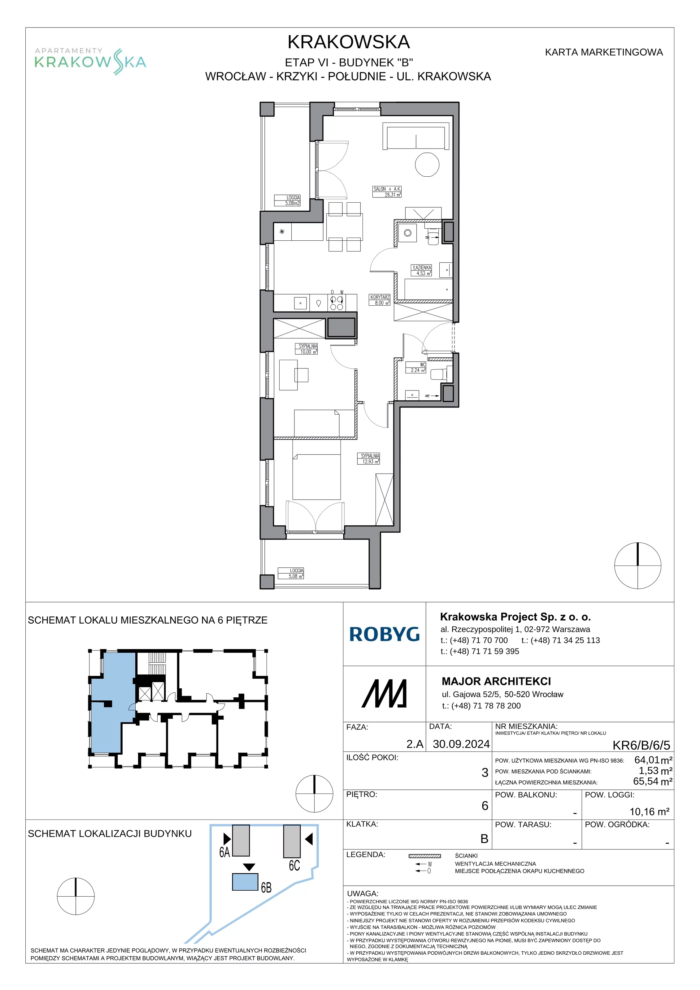 3 pokoje, mieszkanie 64,01 m², piętro 6, oferta nr KR6/B/6/5, Apartamenty Krakowska 6, Wrocław, Przedmieście Oławskie, Krzyki, ul. Krakowska