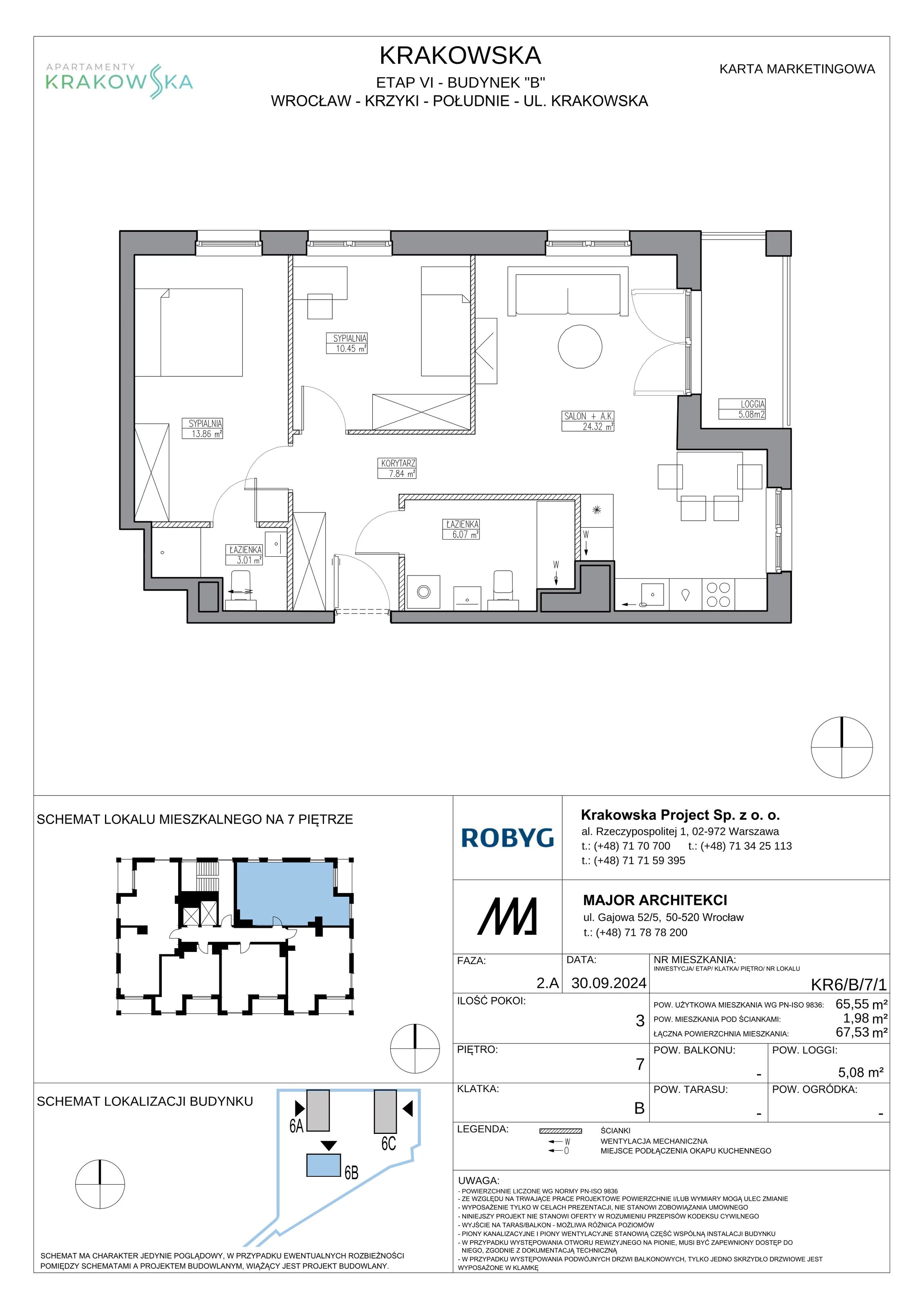 3 pokoje, mieszkanie 65,55 m², piętro 7, oferta nr KR6/B/7/1, Apartamenty Krakowska 6, Wrocław, Przedmieście Oławskie, Krzyki, ul. Krakowska