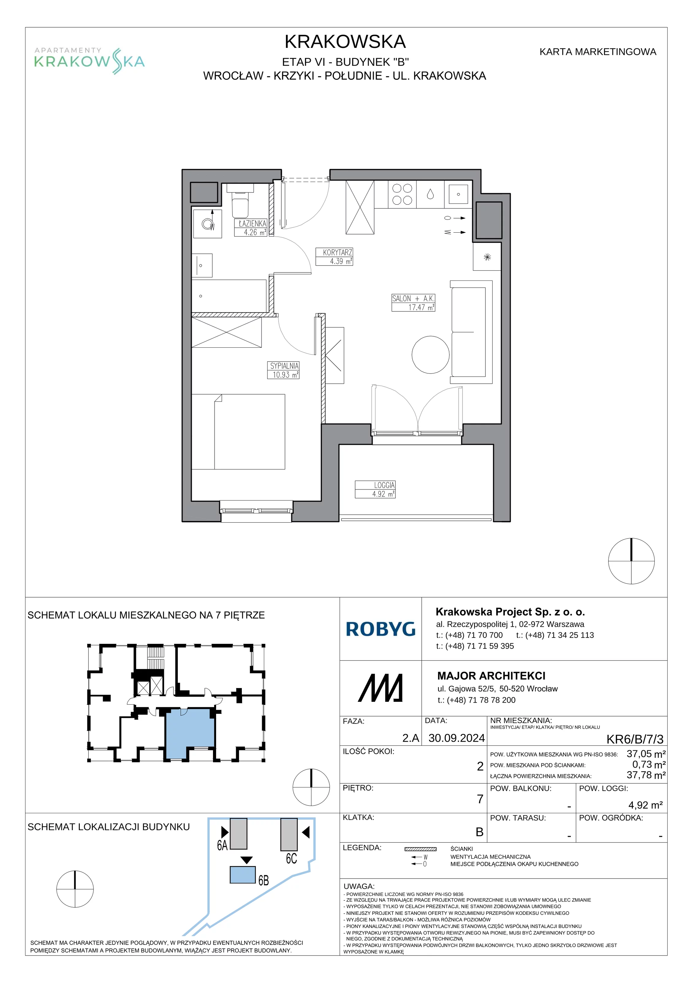 2 pokoje, mieszkanie 37,05 m², piętro 7, oferta nr KR6/B/7/3, Apartamenty Krakowska 6, Wrocław, Przedmieście Oławskie, Krzyki, ul. Krakowska
