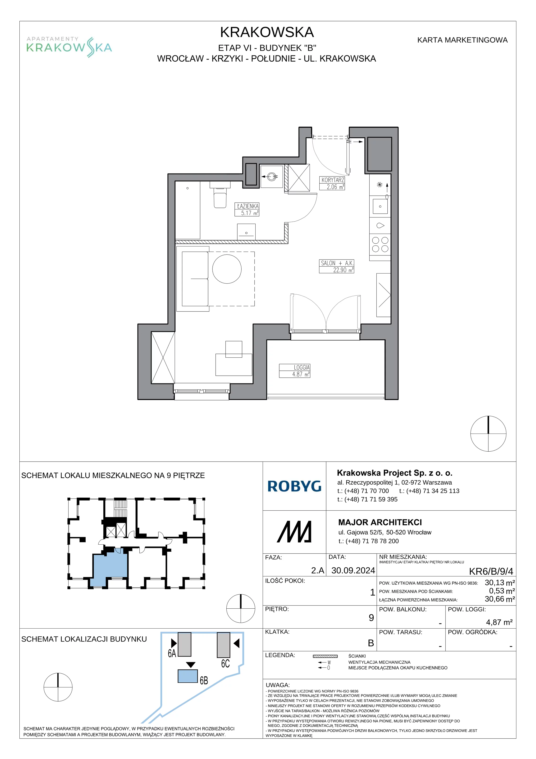 1 pokój, mieszkanie 30,13 m², piętro 9, oferta nr KR6/B/9/4, Apartamenty Krakowska 6, Wrocław, Przedmieście Oławskie, Krzyki, ul. Krakowska