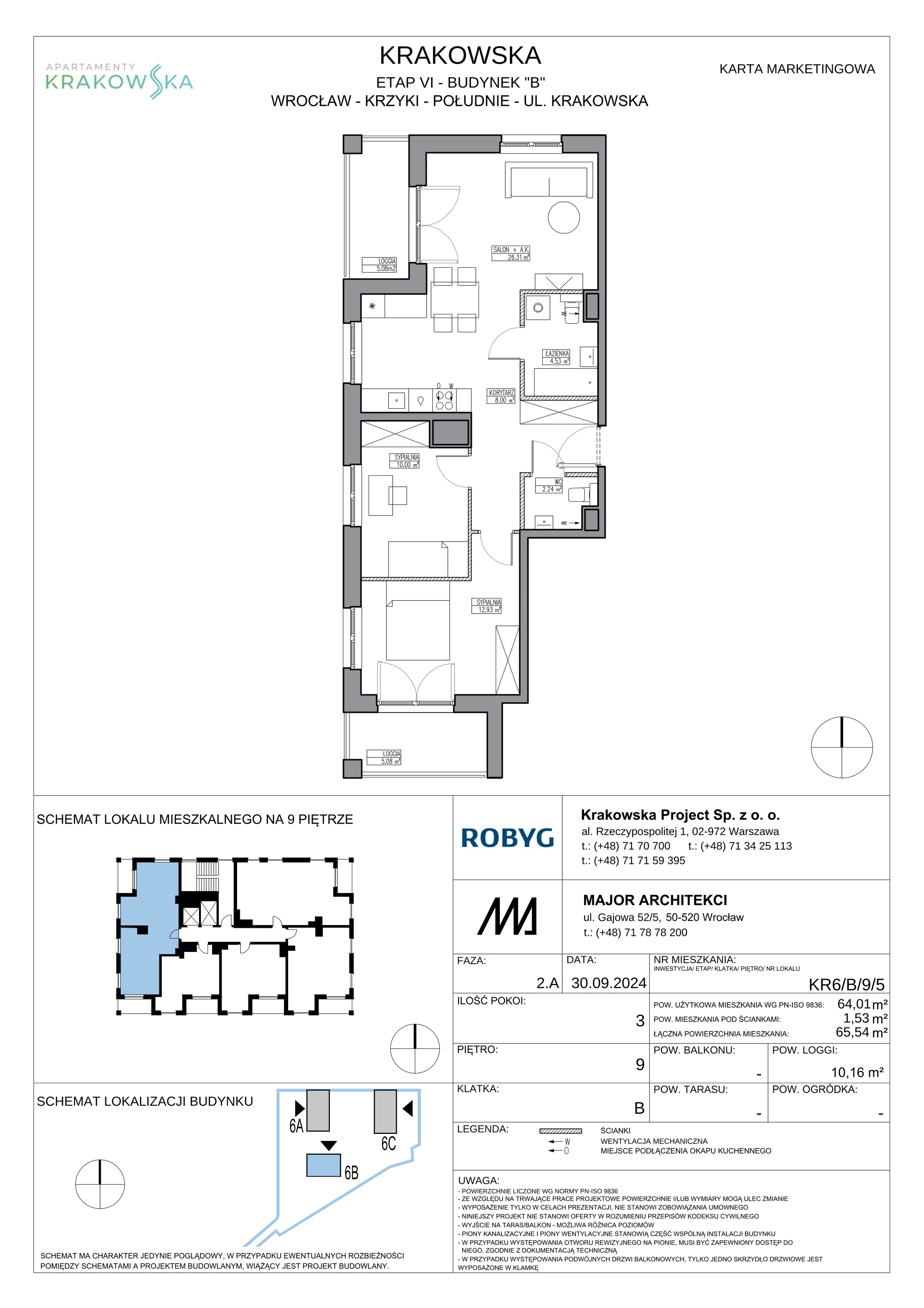 3 pokoje, mieszkanie 64,01 m², piętro 9, oferta nr KR6/B/9/5, Apartamenty Krakowska 6, Wrocław, Przedmieście Oławskie, Krzyki, ul. Krakowska