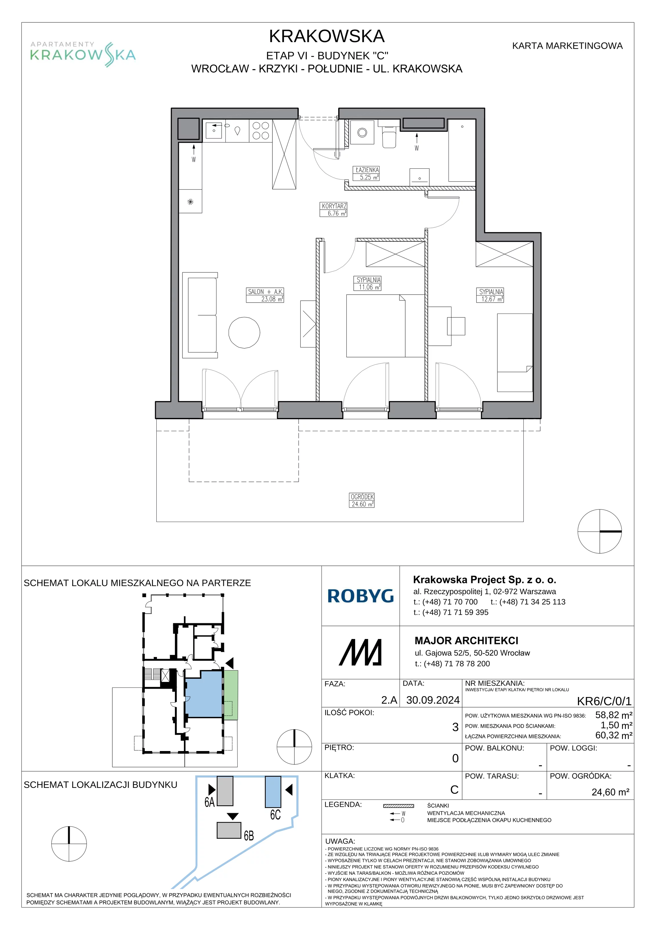 3 pokoje, mieszkanie 58,82 m², parter, oferta nr KR6/C/0/1, Apartamenty Krakowska 6, Wrocław, Przedmieście Oławskie, Krzyki, ul. Krakowska