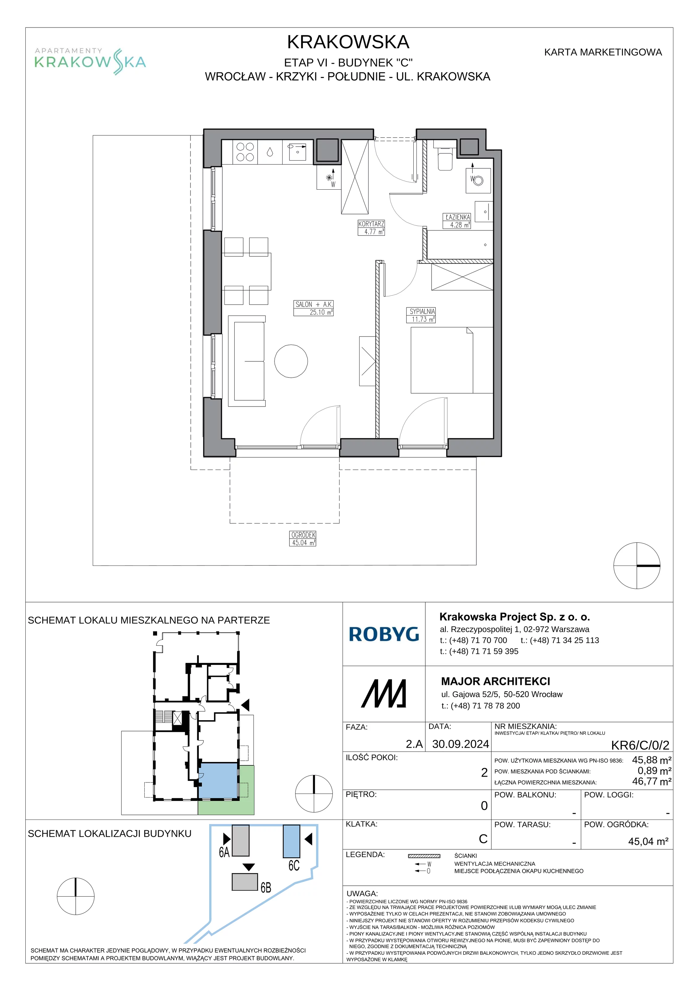 2 pokoje, mieszkanie 45,88 m², parter, oferta nr KR6/C/0/2, Apartamenty Krakowska 6, Wrocław, Przedmieście Oławskie, Krzyki, ul. Krakowska