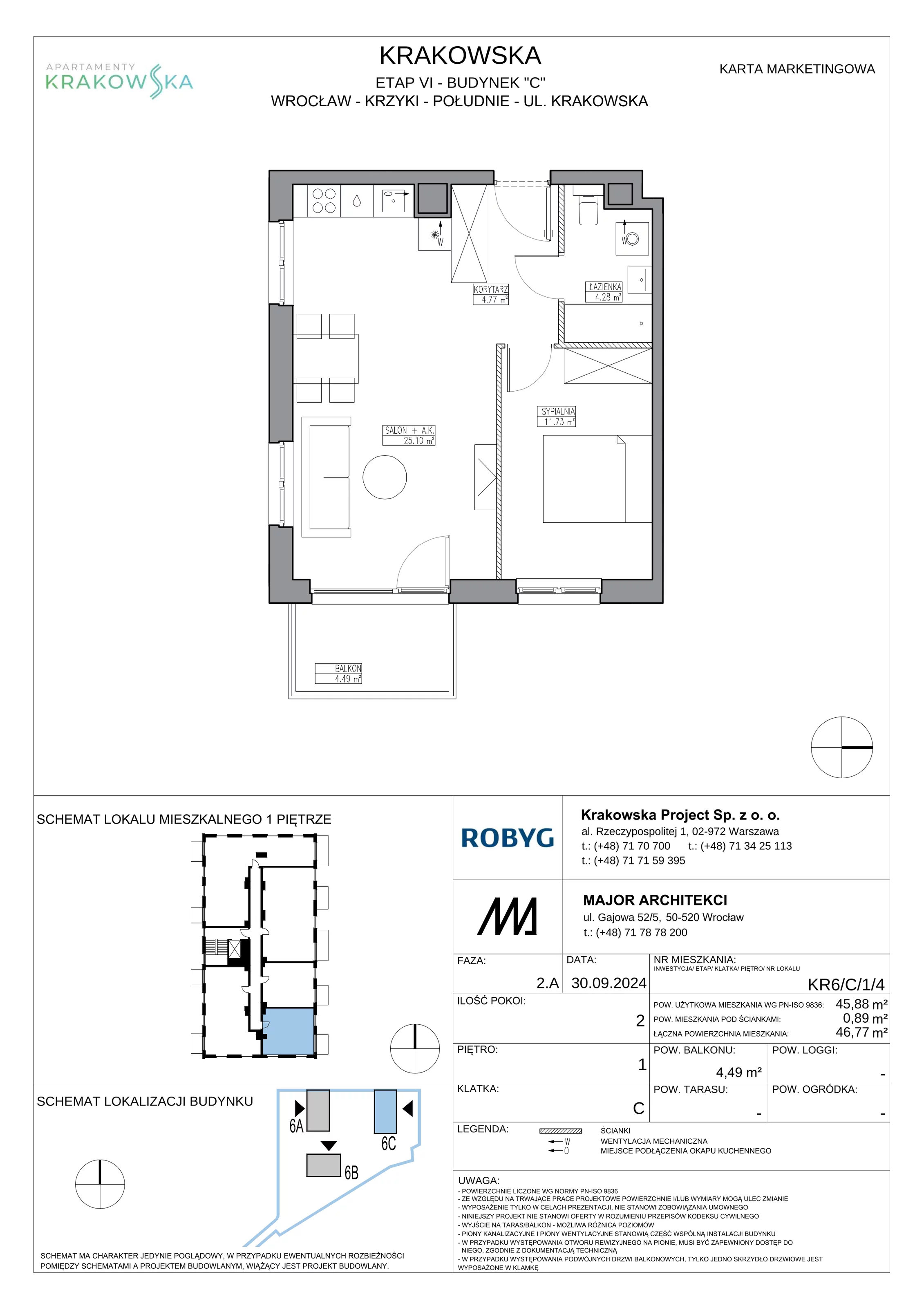2 pokoje, mieszkanie 45,88 m², piętro 1, oferta nr KR6/C/1/4, Apartamenty Krakowska 6, Wrocław, Przedmieście Oławskie, Krzyki, ul. Krakowska