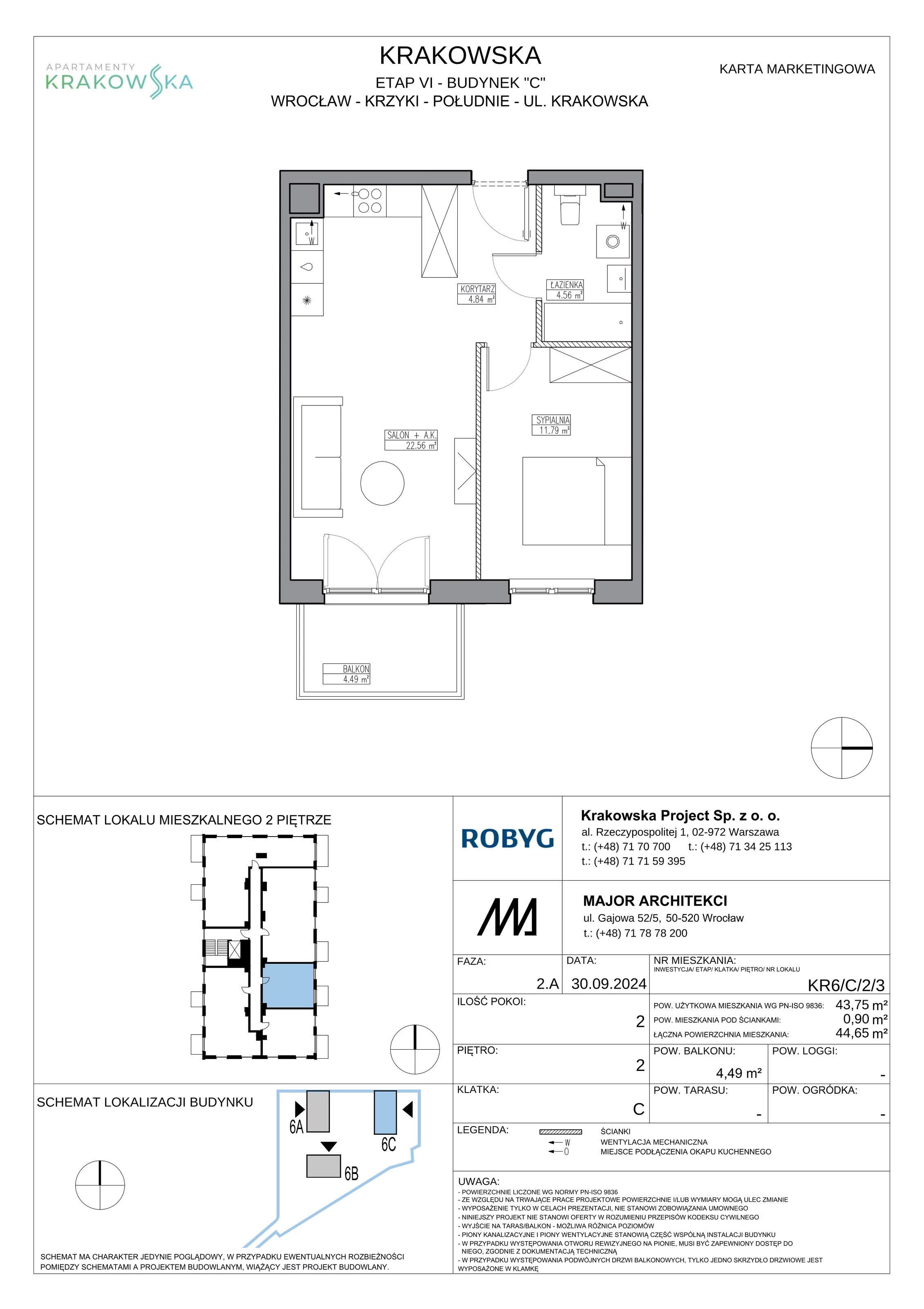 2 pokoje, mieszkanie 43,75 m², piętro 2, oferta nr KR6/C/2/3, Apartamenty Krakowska 6, Wrocław, Przedmieście Oławskie, Krzyki, ul. Krakowska