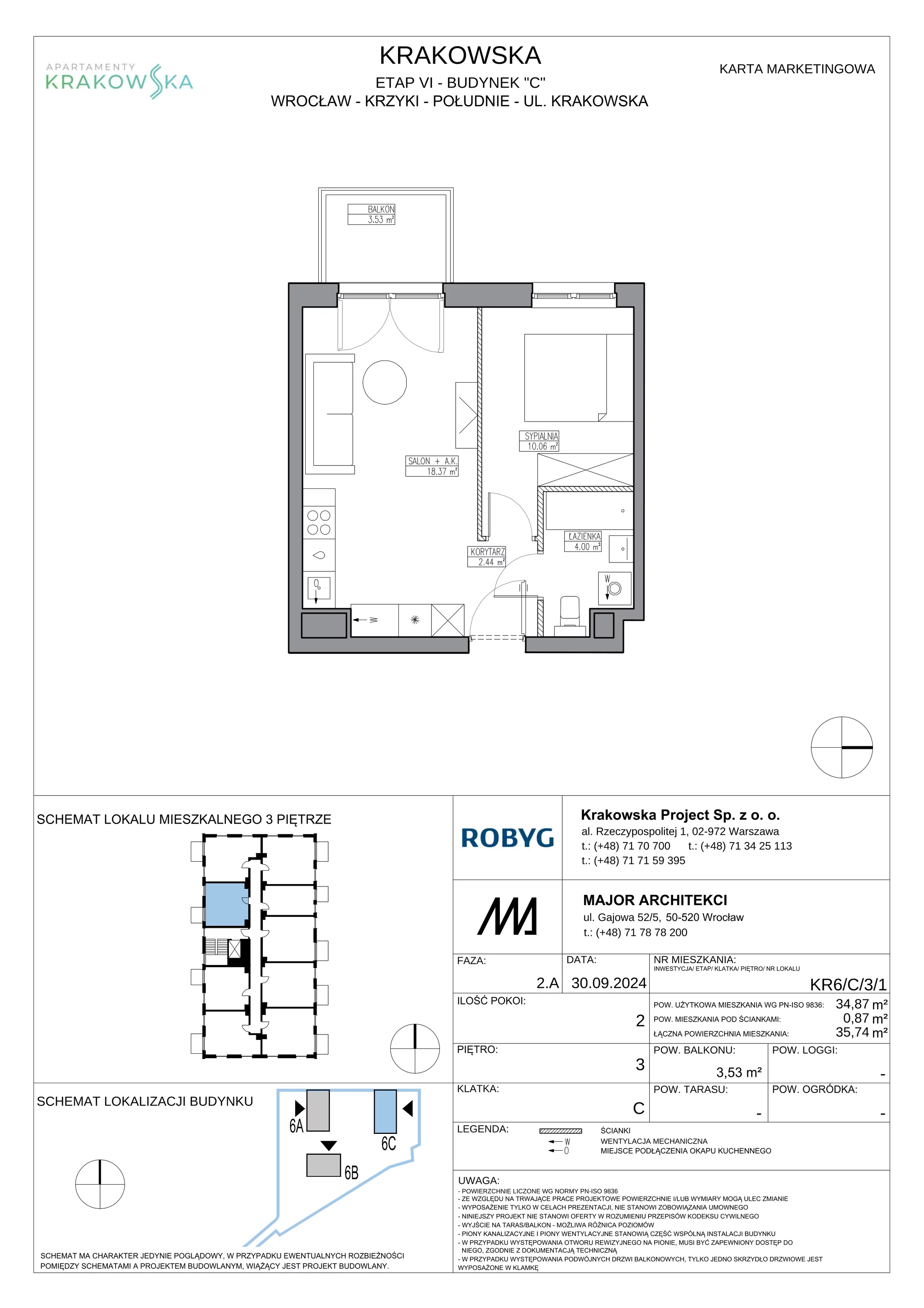 2 pokoje, mieszkanie 34,87 m², piętro 3, oferta nr KR6/C/3/1, Apartamenty Krakowska 6, Wrocław, Przedmieście Oławskie, Krzyki, ul. Krakowska