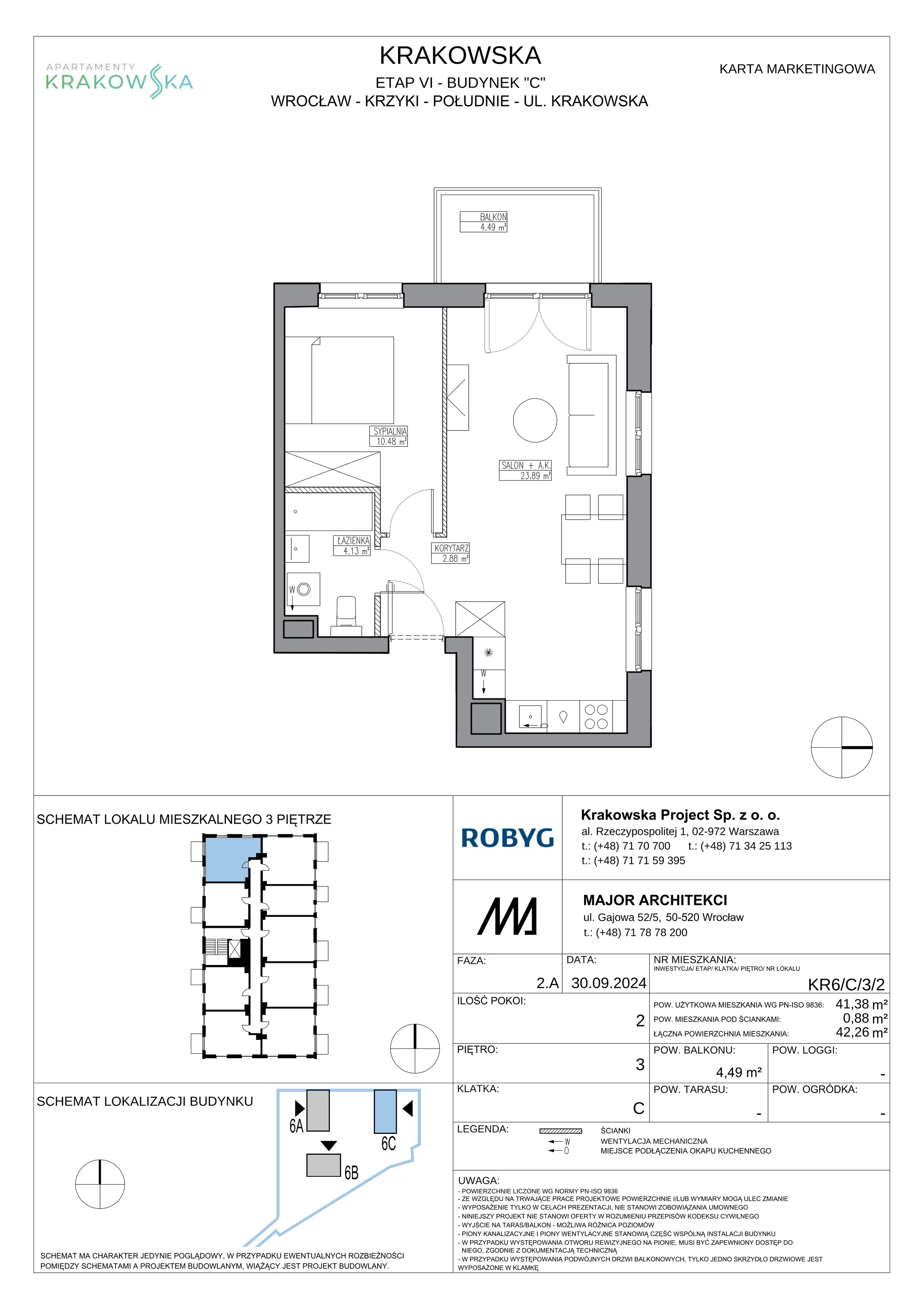 2 pokoje, mieszkanie 41,38 m², piętro 3, oferta nr KR6/C/3/2, Apartamenty Krakowska 6, Wrocław, Przedmieście Oławskie, Krzyki, ul. Krakowska