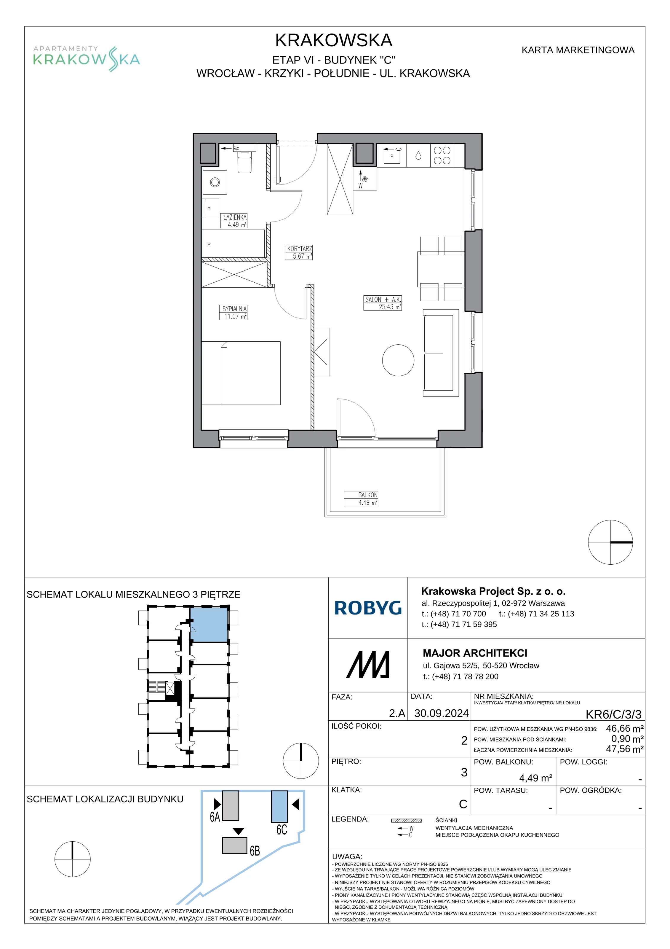2 pokoje, mieszkanie 46,66 m², piętro 3, oferta nr KR6/C/3/3, Apartamenty Krakowska 6, Wrocław, Przedmieście Oławskie, Krzyki, ul. Krakowska