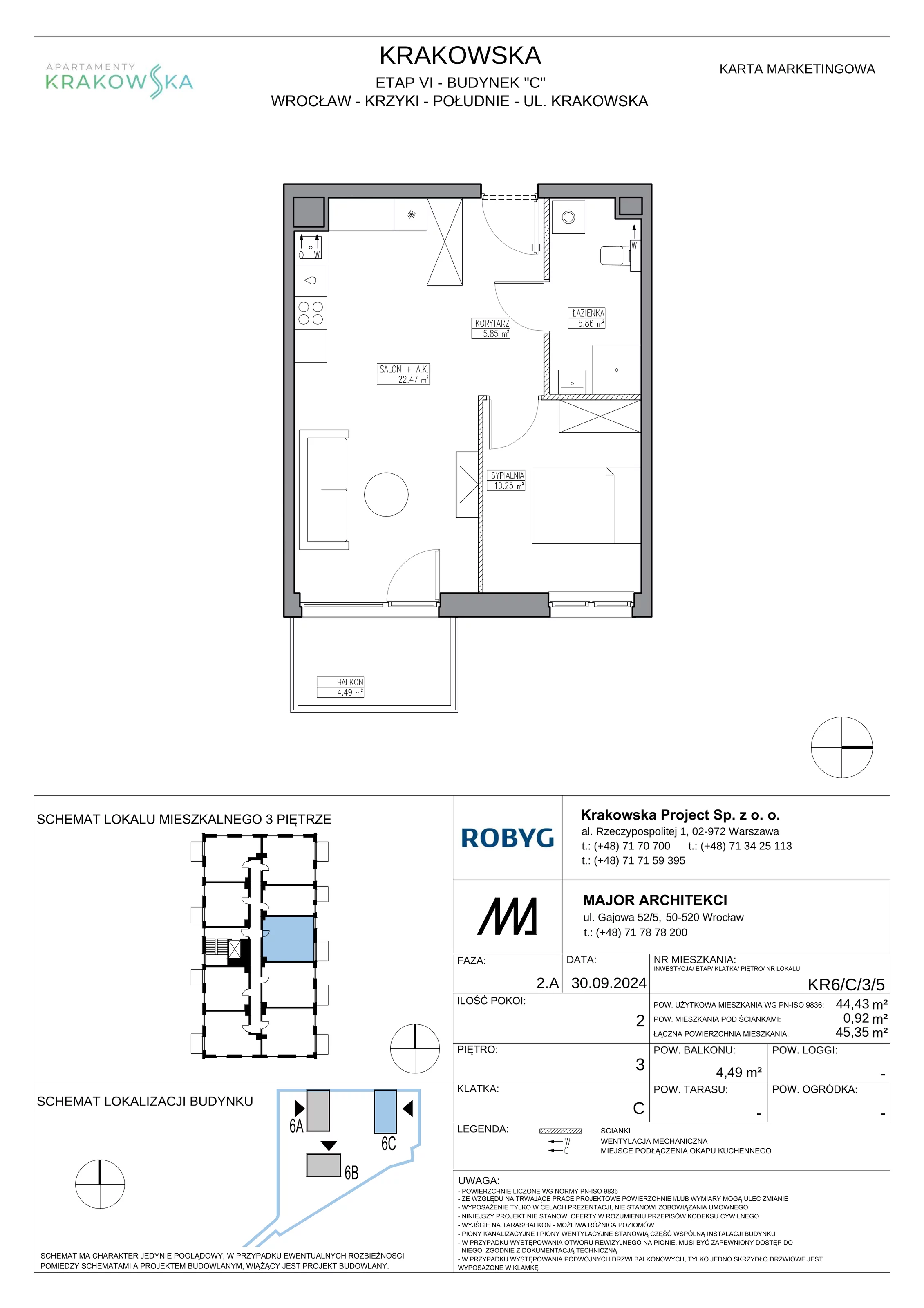 2 pokoje, mieszkanie 44,43 m², piętro 3, oferta nr KR6/C/3/5, Apartamenty Krakowska 6, Wrocław, Przedmieście Oławskie, Krzyki, ul. Krakowska