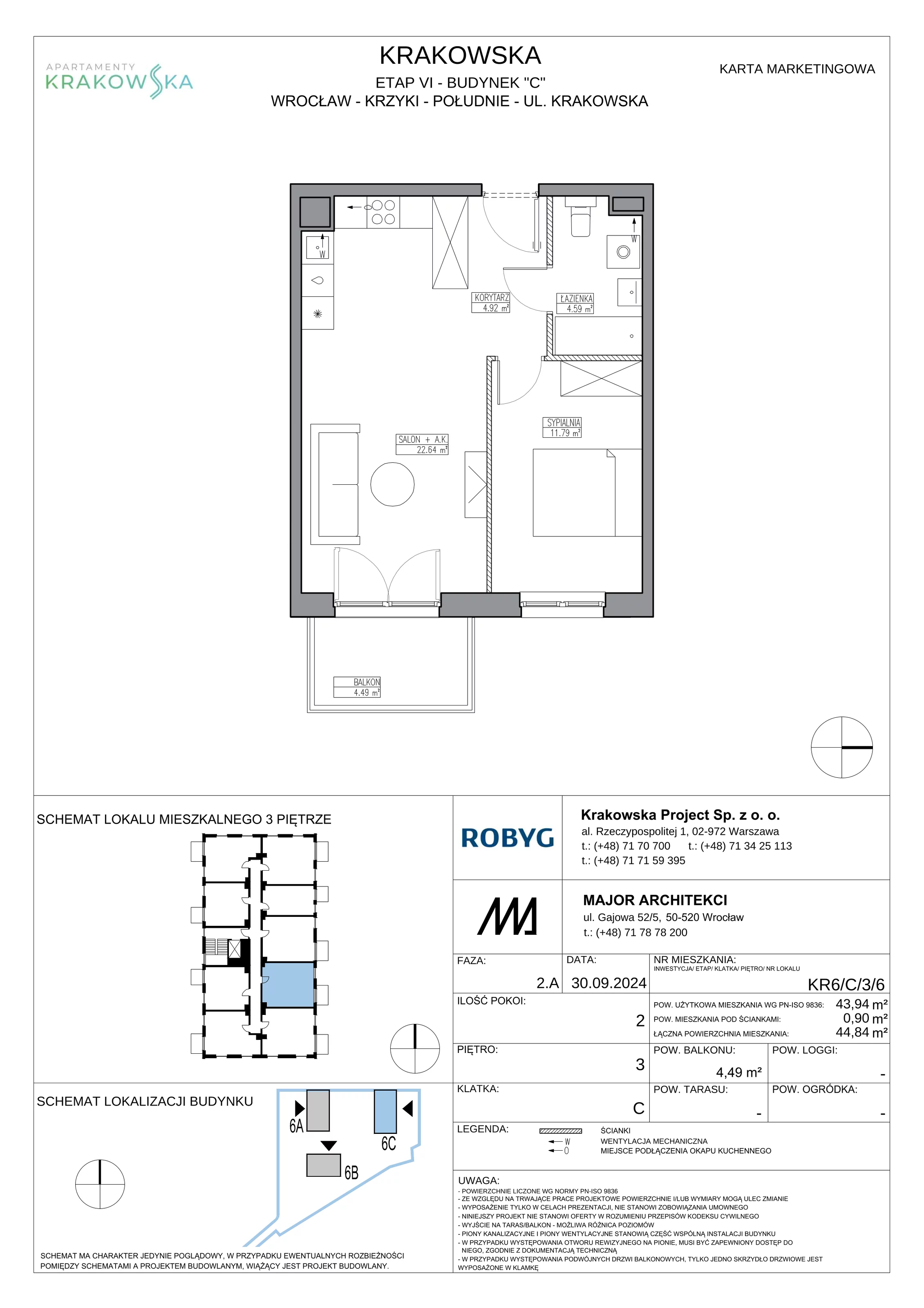 2 pokoje, mieszkanie 43,94 m², piętro 3, oferta nr KR6/C/3/6, Apartamenty Krakowska 6, Wrocław, Przedmieście Oławskie, Krzyki, ul. Krakowska