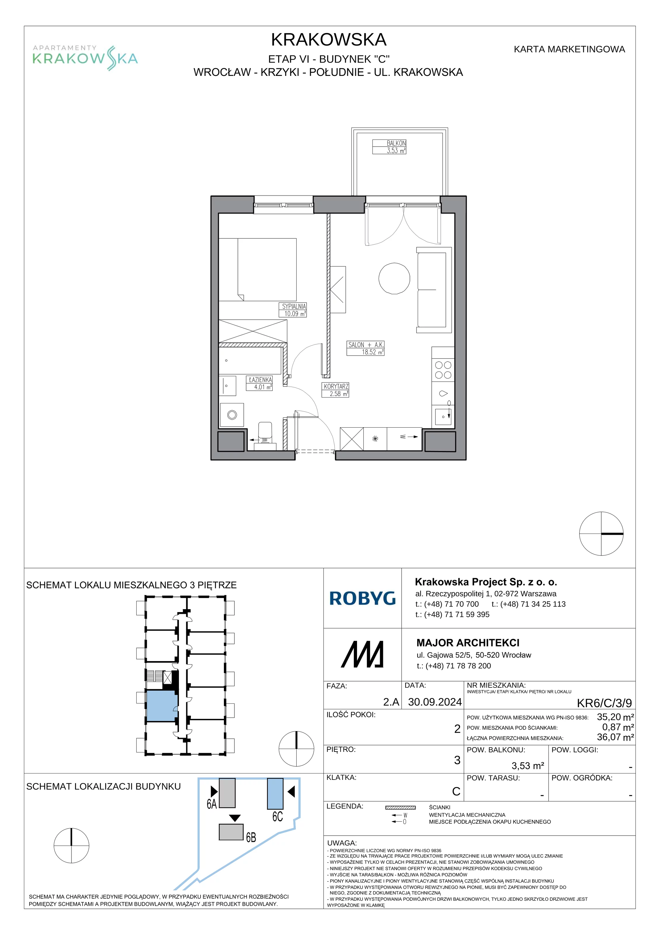 2 pokoje, mieszkanie 35,20 m², piętro 3, oferta nr KR6/C/3/9, Apartamenty Krakowska 6, Wrocław, Przedmieście Oławskie, Krzyki, ul. Krakowska
