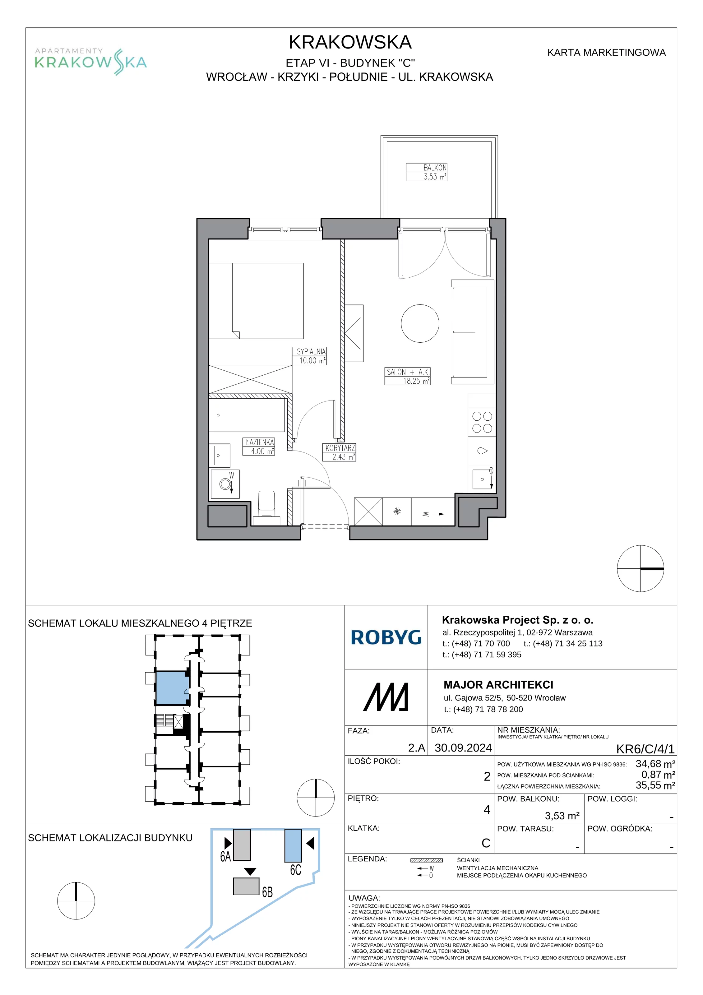 2 pokoje, mieszkanie 34,68 m², piętro 4, oferta nr KR6/C/4/1, Apartamenty Krakowska 6, Wrocław, Przedmieście Oławskie, Krzyki, ul. Krakowska