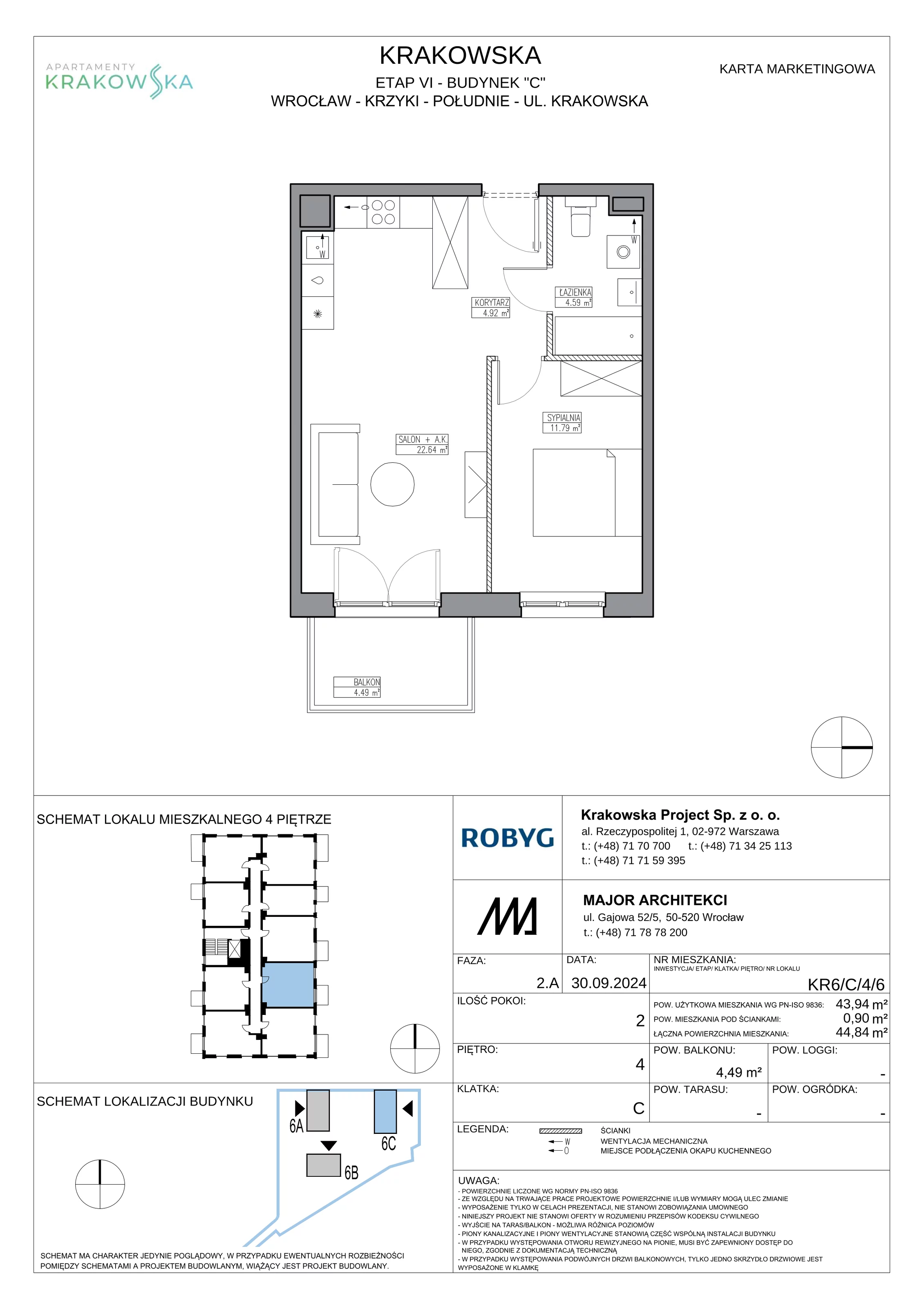 2 pokoje, mieszkanie 43,94 m², piętro 4, oferta nr KR6/C/4/6, Apartamenty Krakowska 6, Wrocław, Przedmieście Oławskie, Krzyki, ul. Krakowska