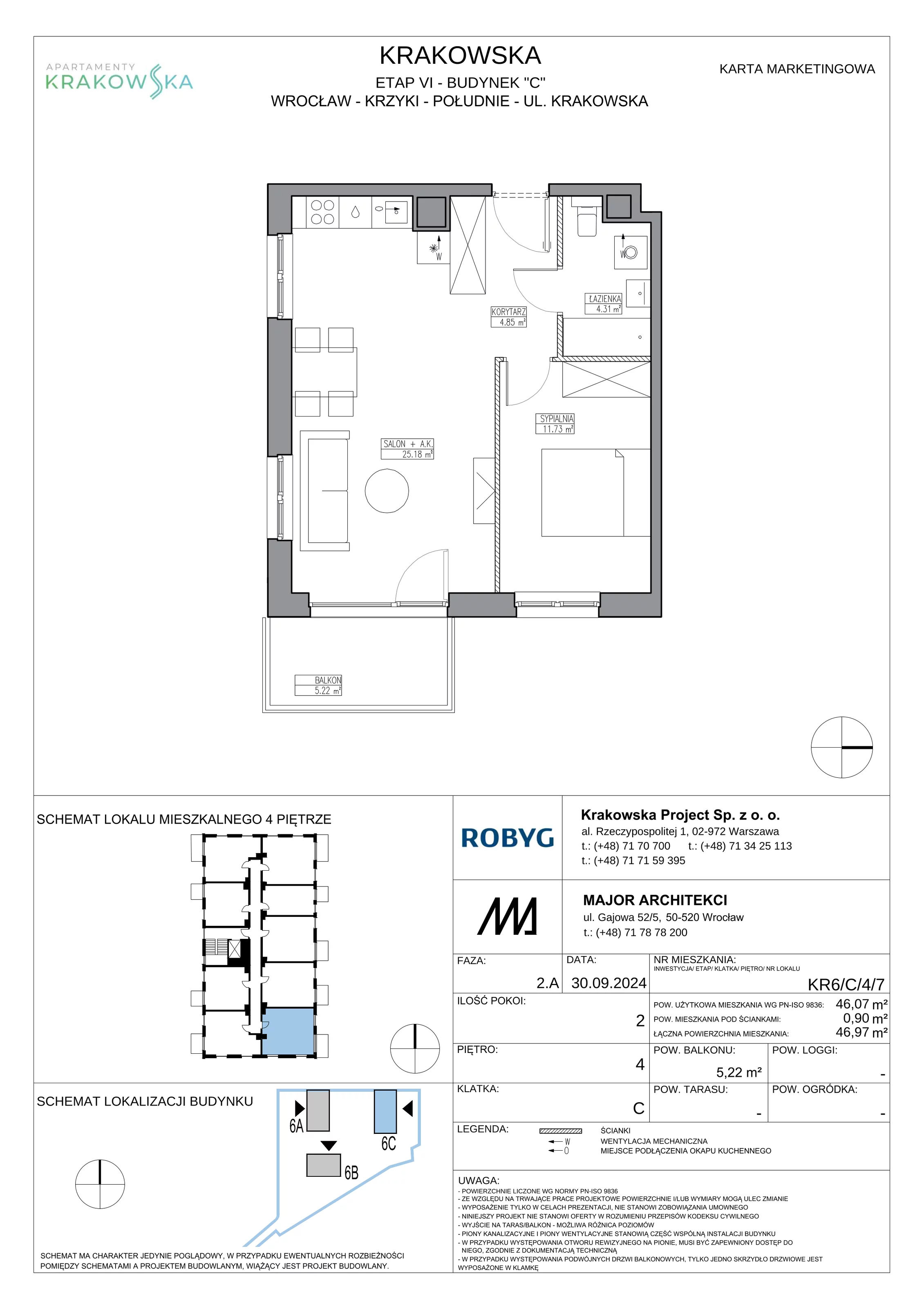 2 pokoje, mieszkanie 46,07 m², piętro 4, oferta nr KR6/C/4/7, Apartamenty Krakowska 6, Wrocław, Przedmieście Oławskie, Krzyki, ul. Krakowska