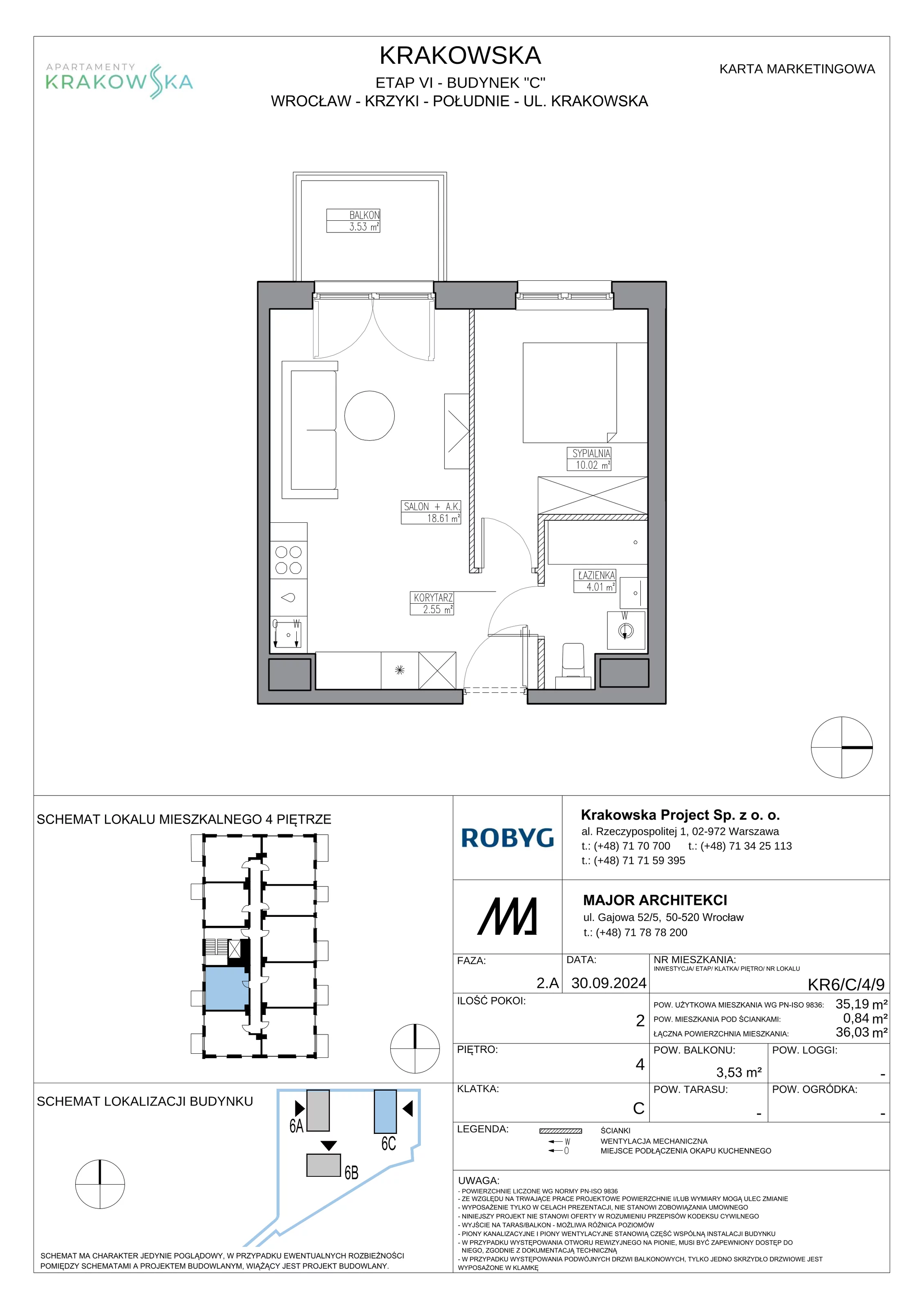 2 pokoje, mieszkanie 35,19 m², piętro 4, oferta nr KR6/C/4/9, Apartamenty Krakowska 6, Wrocław, Przedmieście Oławskie, Krzyki, ul. Krakowska