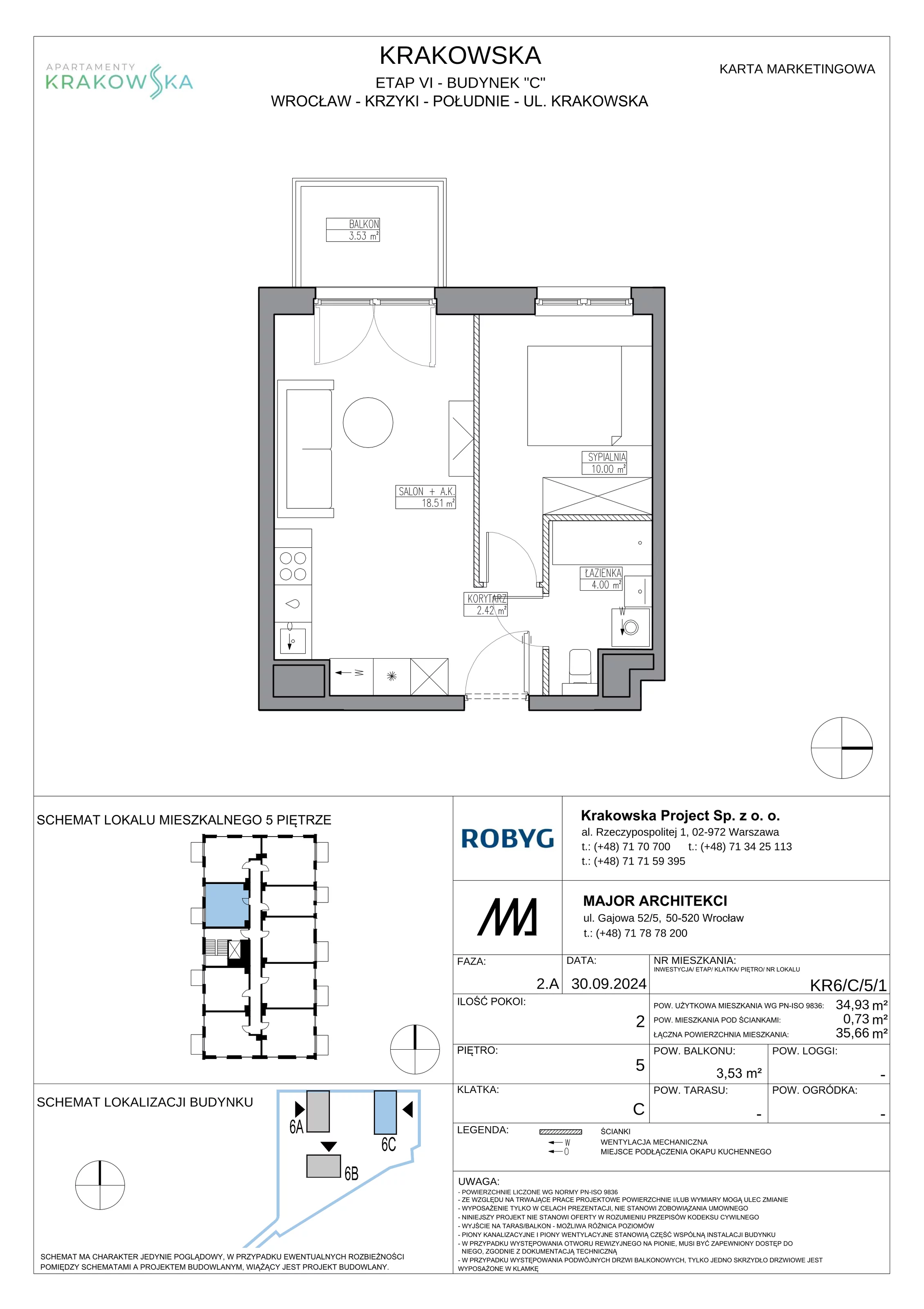 2 pokoje, mieszkanie 34,93 m², piętro 5, oferta nr KR6/C/5/1, Apartamenty Krakowska 6, Wrocław, Przedmieście Oławskie, Krzyki, ul. Krakowska