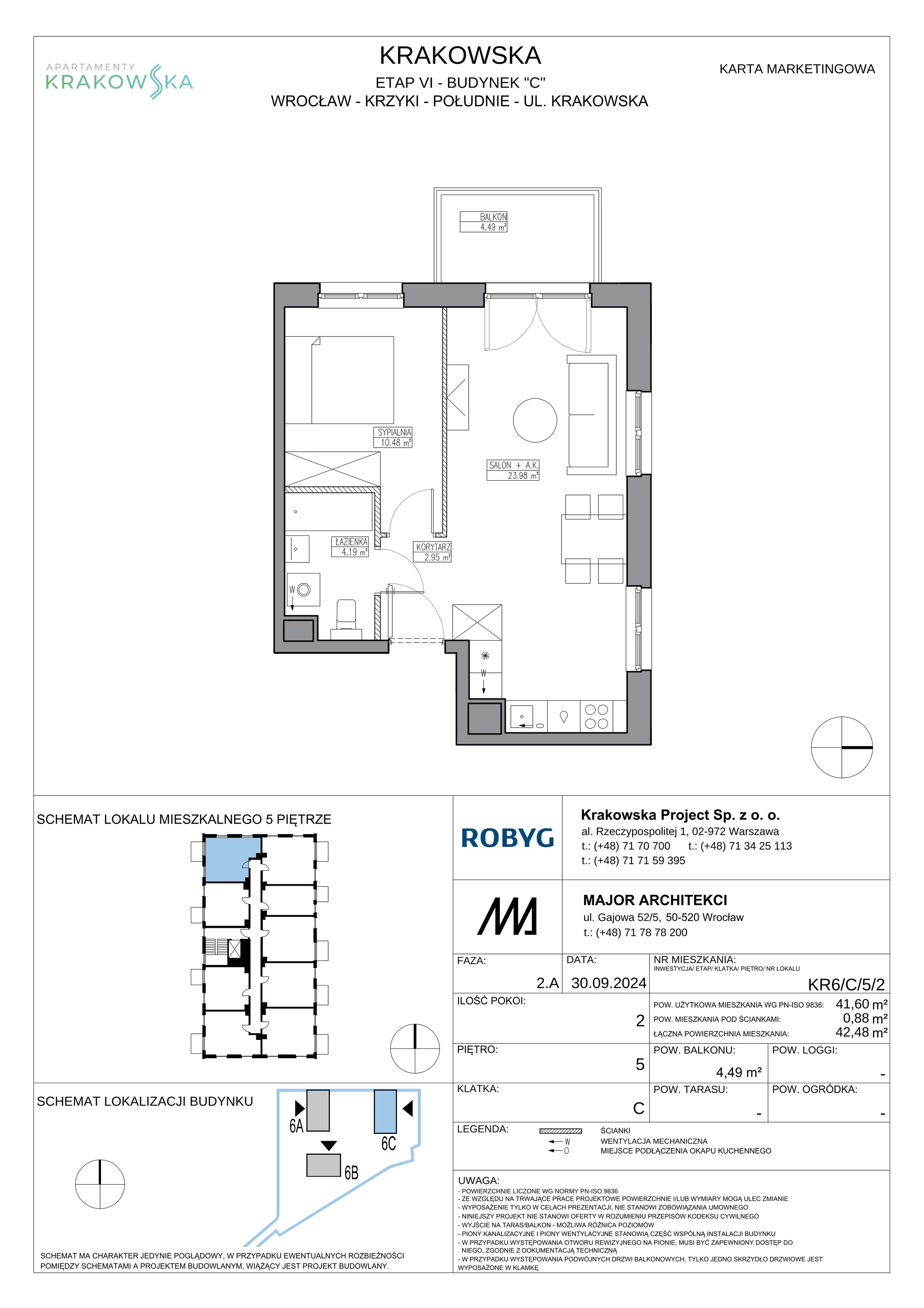 2 pokoje, mieszkanie 41,60 m², piętro 5, oferta nr KR6/C/5/2, Apartamenty Krakowska 6, Wrocław, Przedmieście Oławskie, Krzyki, ul. Krakowska