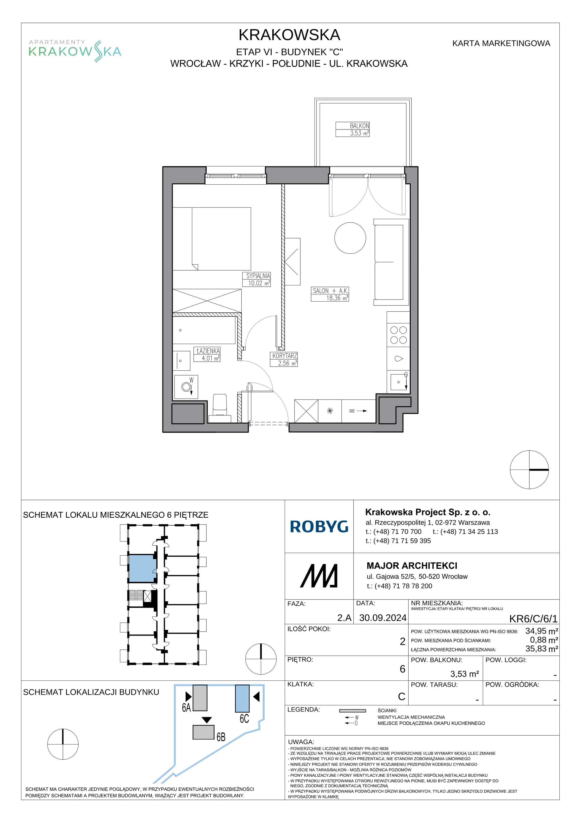 2 pokoje, mieszkanie 34,95 m², piętro 6, oferta nr KR6/C/6/1, Apartamenty Krakowska 6, Wrocław, Przedmieście Oławskie, Krzyki, ul. Krakowska
