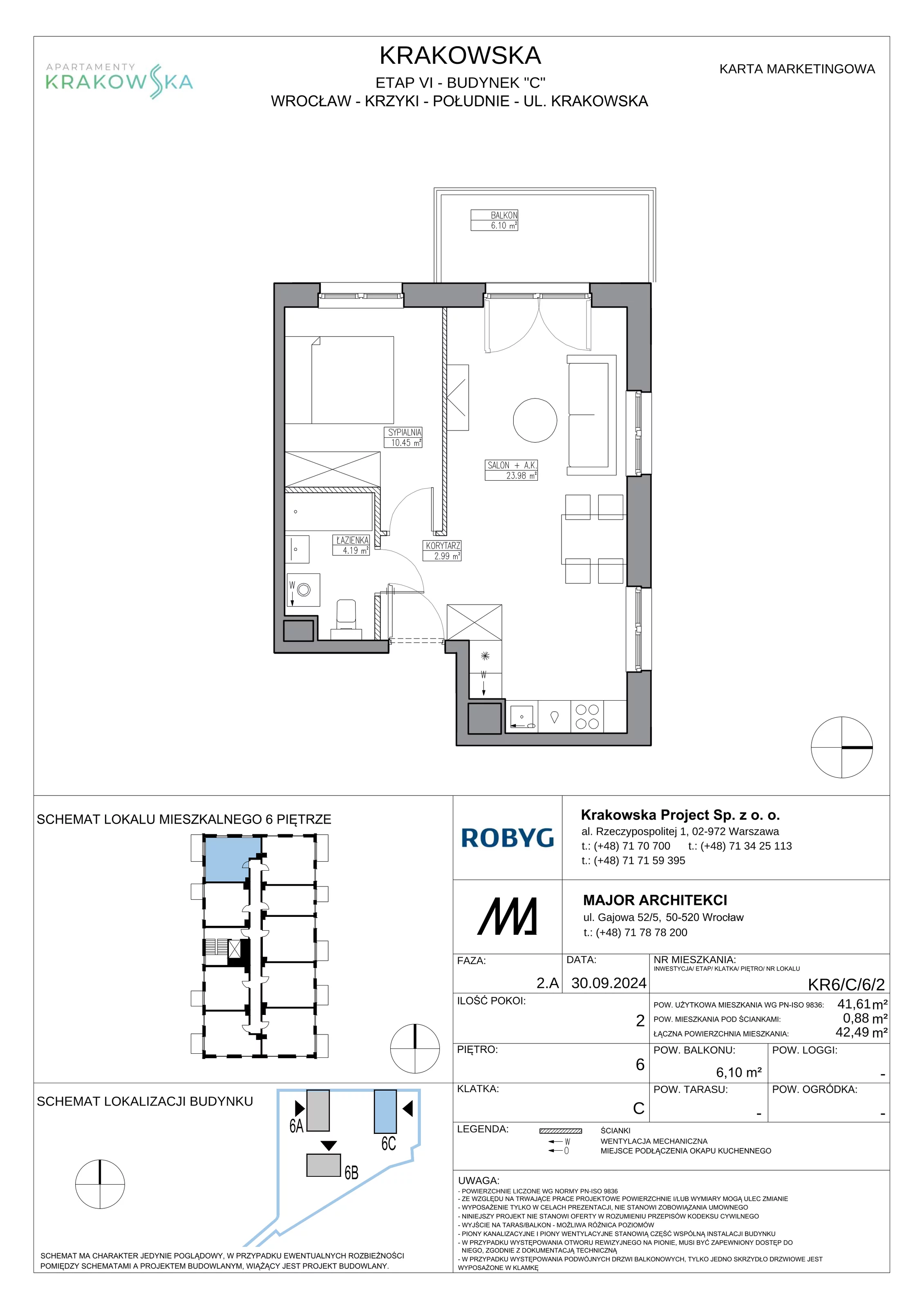 2 pokoje, mieszkanie 41,61 m², piętro 6, oferta nr KR6/C/6/2, Apartamenty Krakowska 6, Wrocław, Przedmieście Oławskie, Krzyki, ul. Krakowska