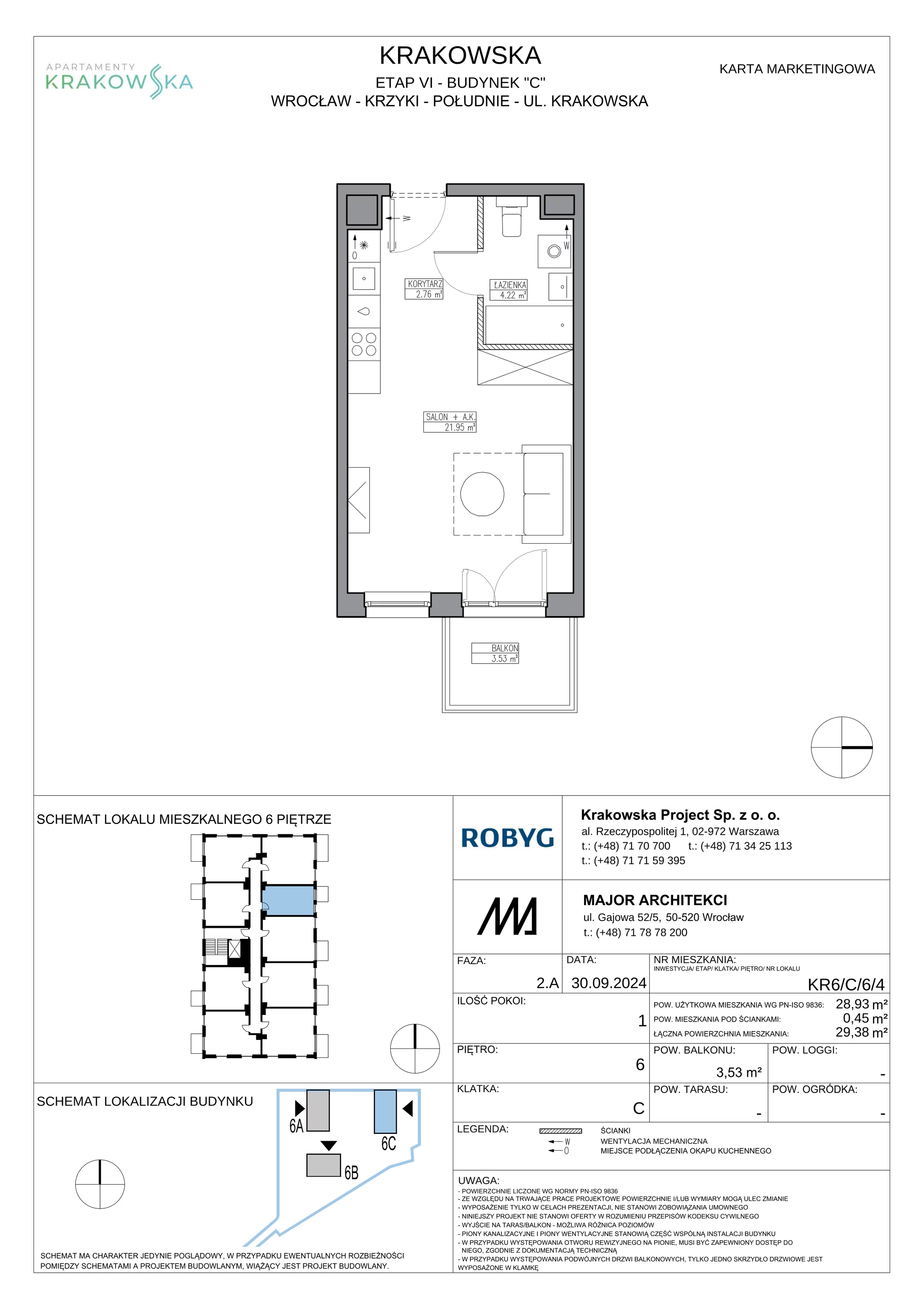 1 pokój, mieszkanie 28,93 m², piętro 6, oferta nr KR6/C/6/4, Apartamenty Krakowska 6, Wrocław, Przedmieście Oławskie, Krzyki, ul. Krakowska