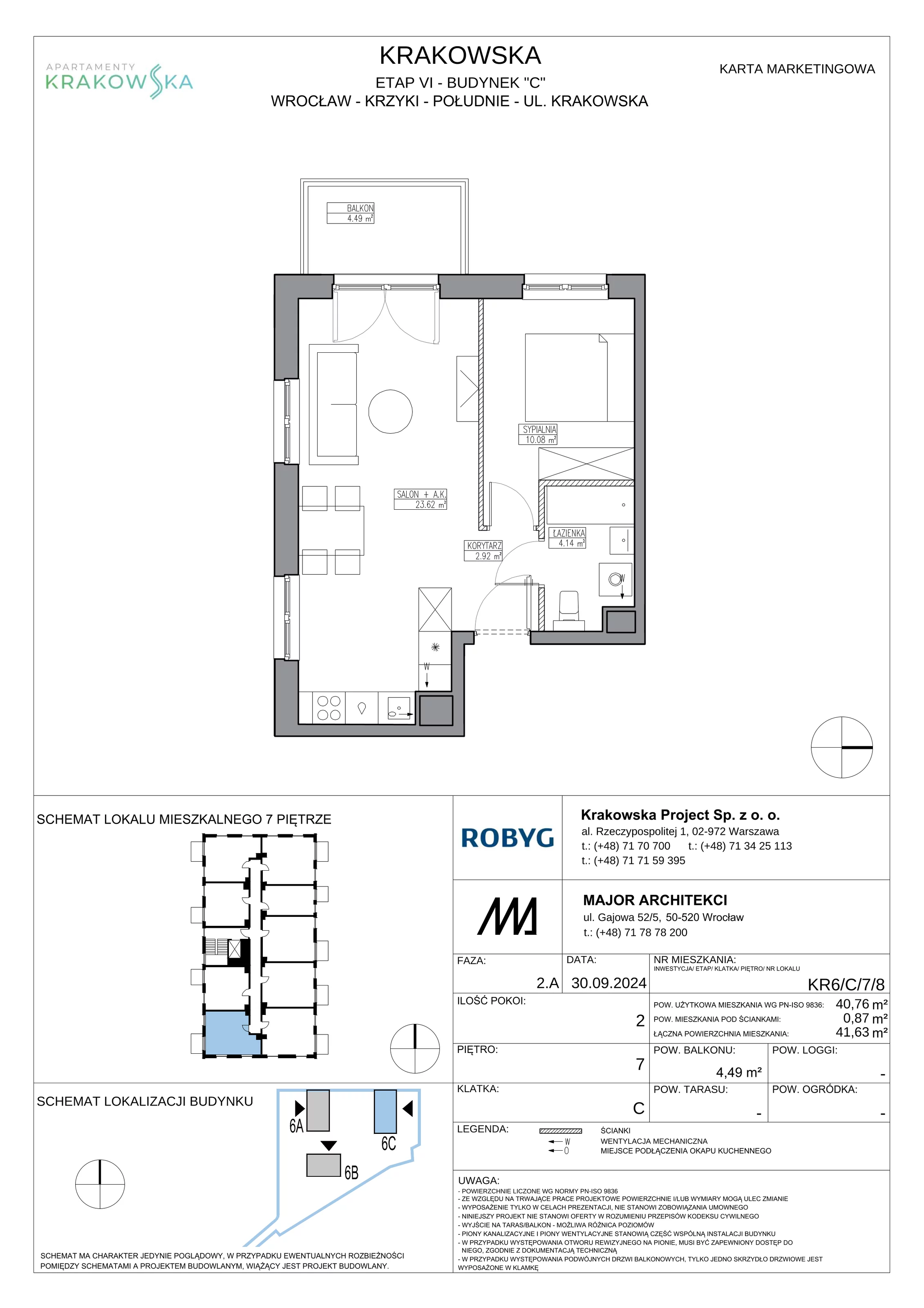 2 pokoje, mieszkanie 40,76 m², piętro 7, oferta nr KR6/C/7/8, Apartamenty Krakowska 6, Wrocław, Przedmieście Oławskie, Krzyki, ul. Krakowska