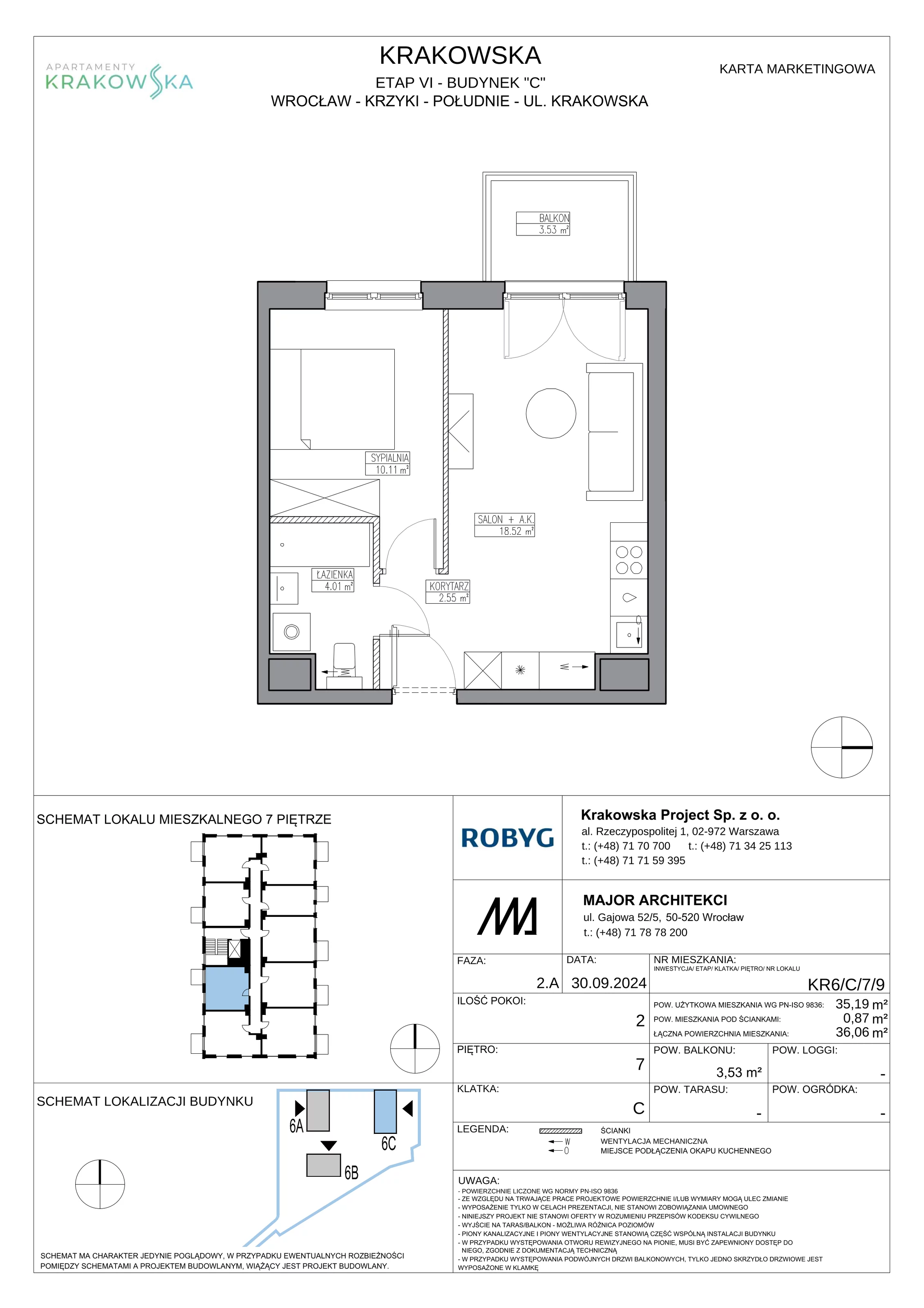 2 pokoje, mieszkanie 35,19 m², piętro 7, oferta nr KR6/C/7/9, Apartamenty Krakowska 6, Wrocław, Przedmieście Oławskie, Krzyki, ul. Krakowska