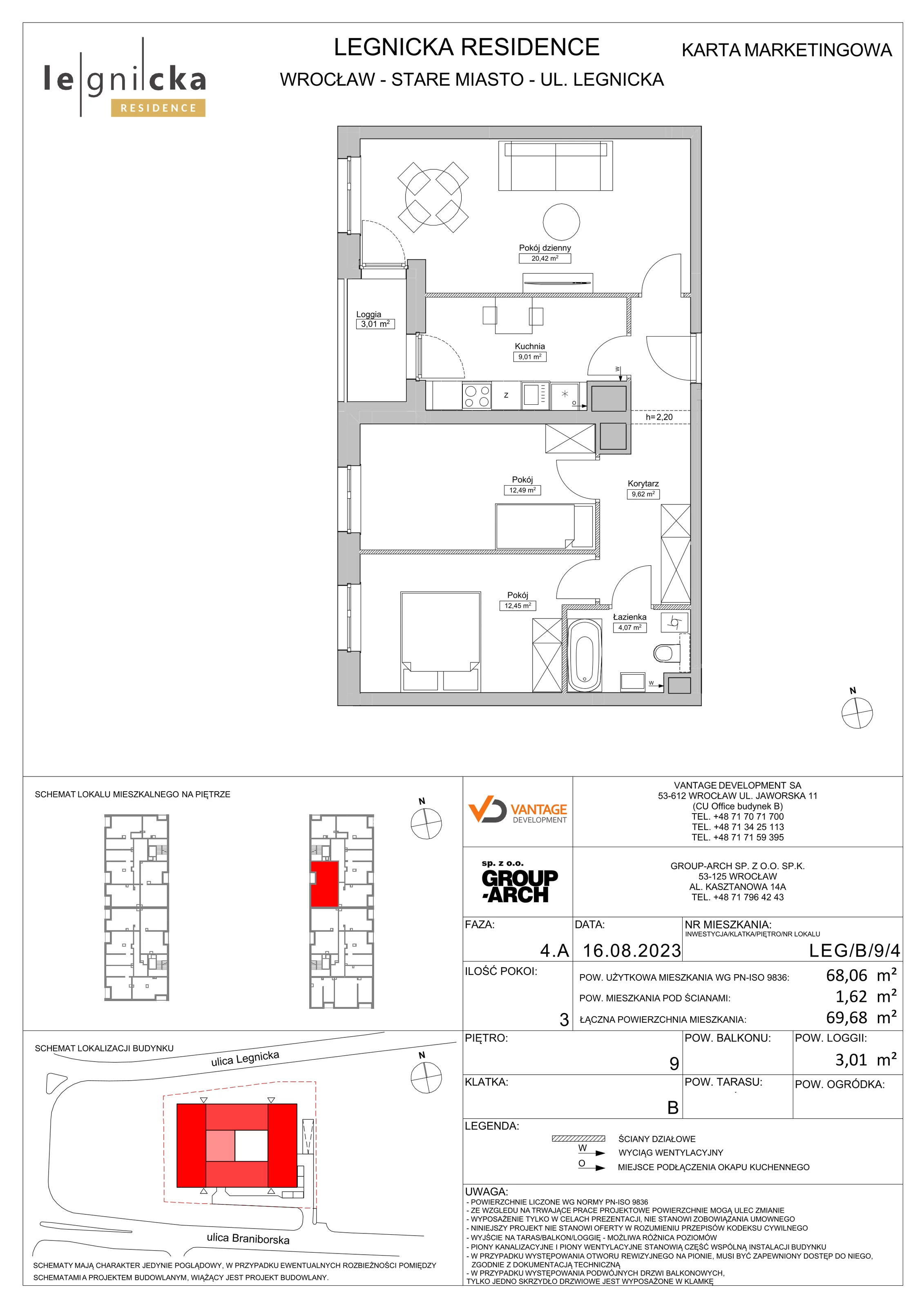 3 pokoje, apartament inwestycyjny 68,06 m², piętro 9, oferta nr LEG/B/9/4, Legnicka Residence, Wrocław, Szczepin, ul. Legnicka 36