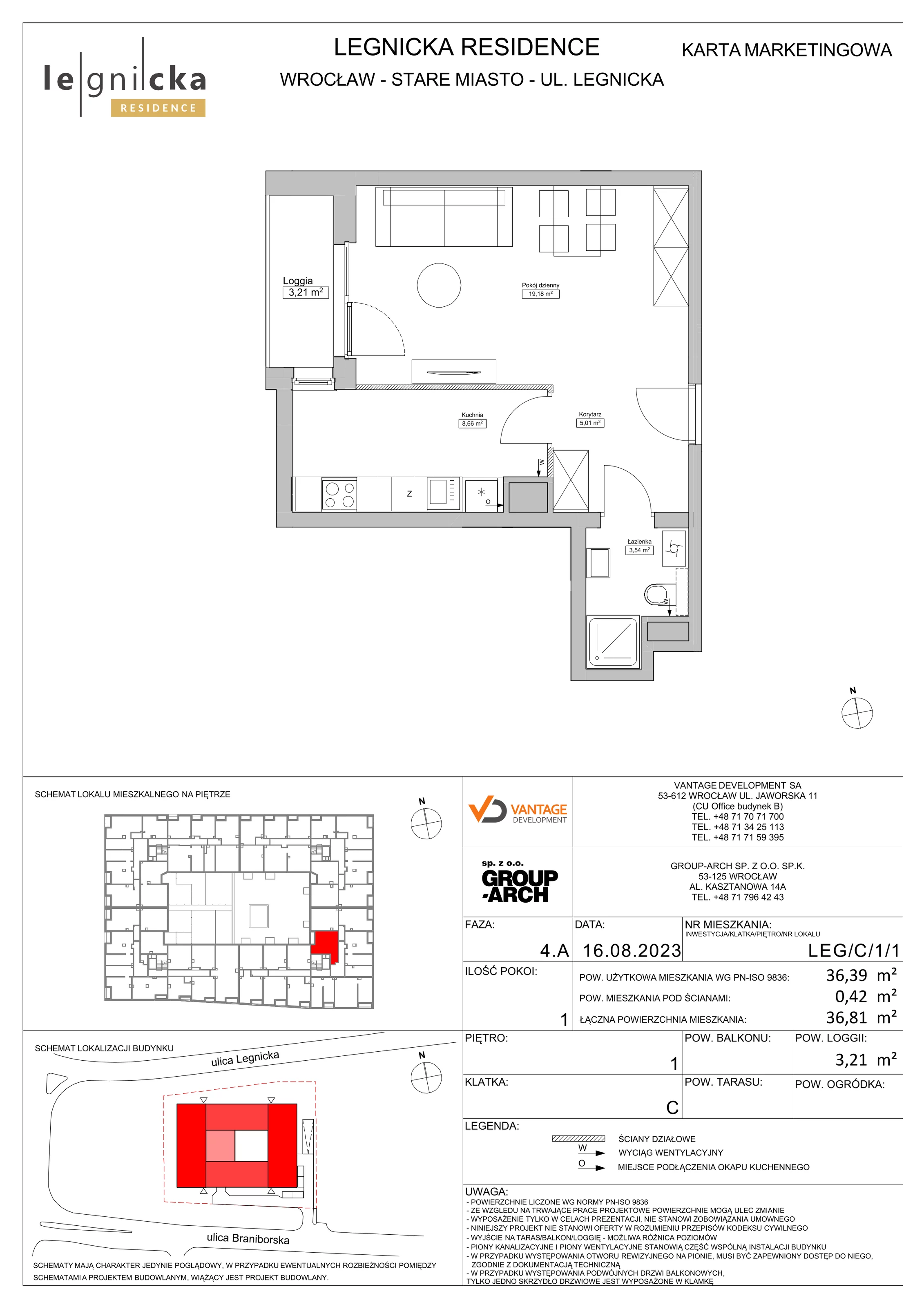 Apartament inwestycyjny 36,39 m², piętro 1, oferta nr LEG/C/1/1, Legnicka Residence, Wrocław, Szczepin, ul. Legnicka 36
