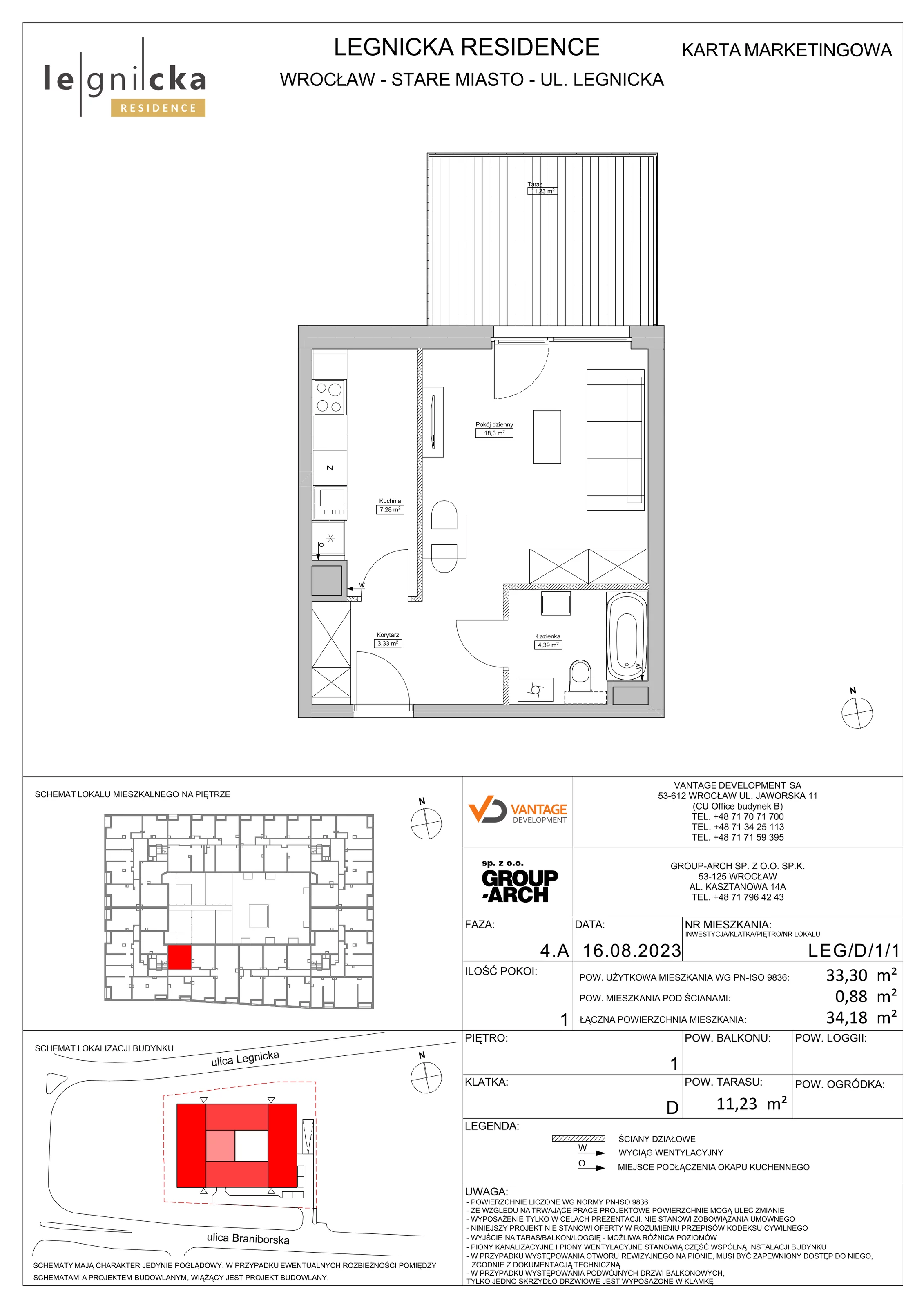 Apartament inwestycyjny 33,30 m², piętro 1, oferta nr LEG/D/1/1, Legnicka Residence, Wrocław, Szczepin, ul. Legnicka 36