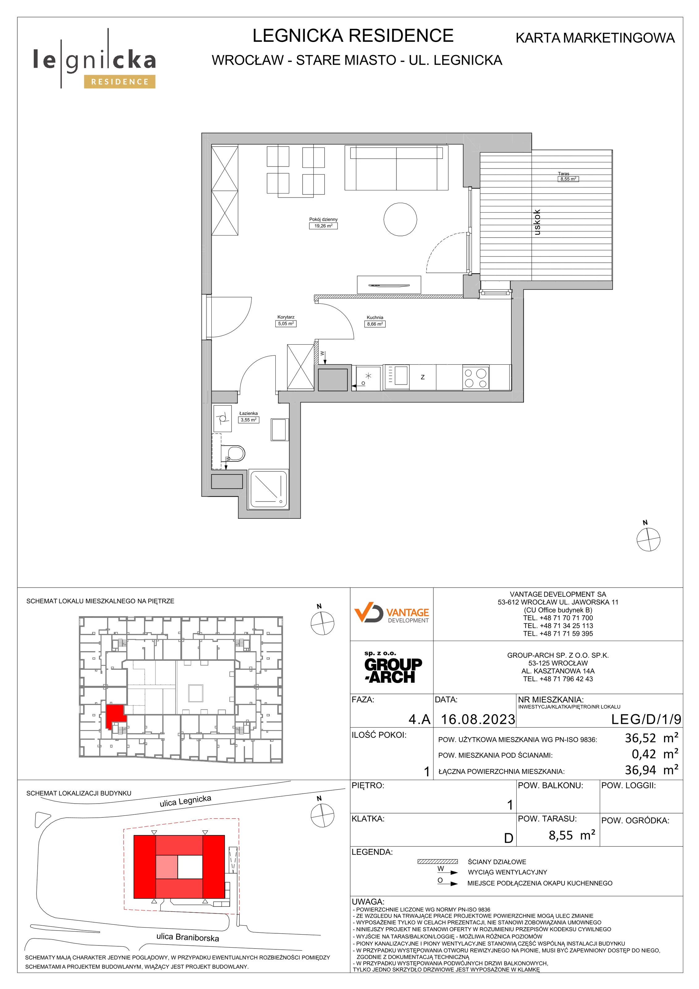 Apartament inwestycyjny 36,52 m², piętro 1, oferta nr LEG/D/1/9, Legnicka Residence, Wrocław, Szczepin, ul. Legnicka 36