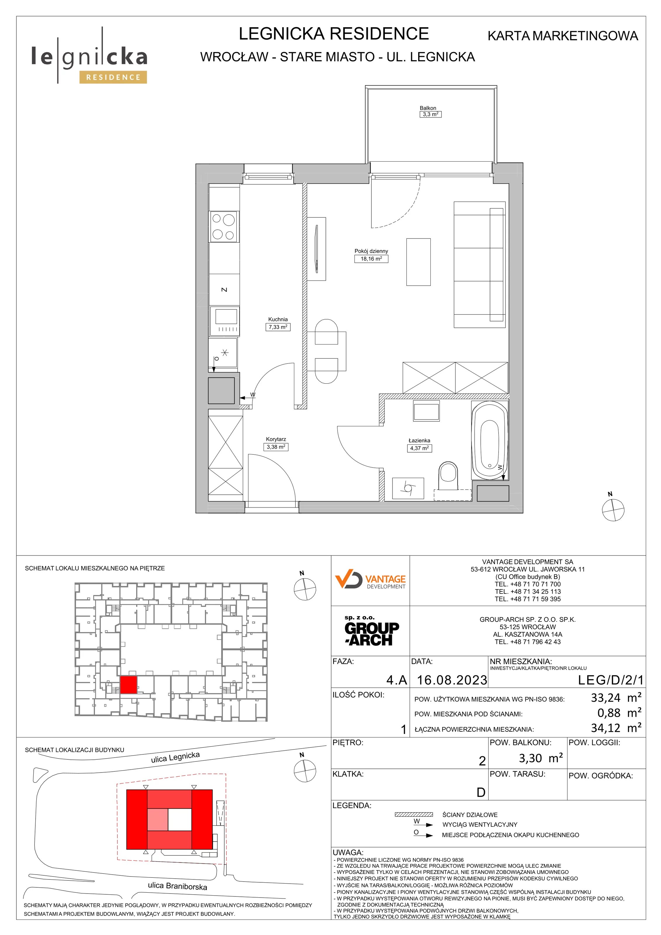 Apartament inwestycyjny 33,24 m², piętro 2, oferta nr LEG/D/2/1, Legnicka Residence, Wrocław, Szczepin, ul. Legnicka 36