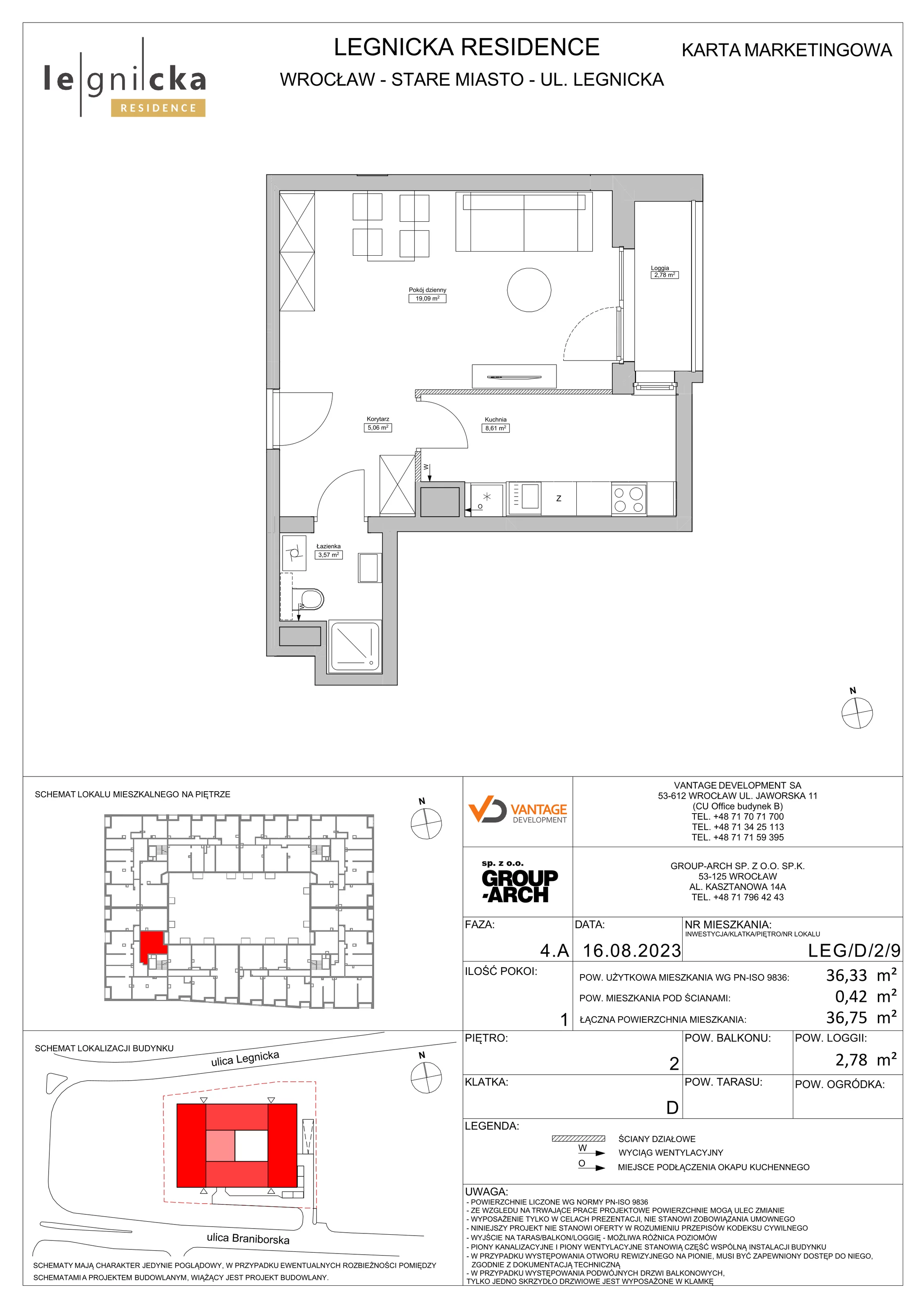 Apartament inwestycyjny 36,33 m², piętro 2, oferta nr LEG/D/2/9, Legnicka Residence, Wrocław, Szczepin, ul. Legnicka 36