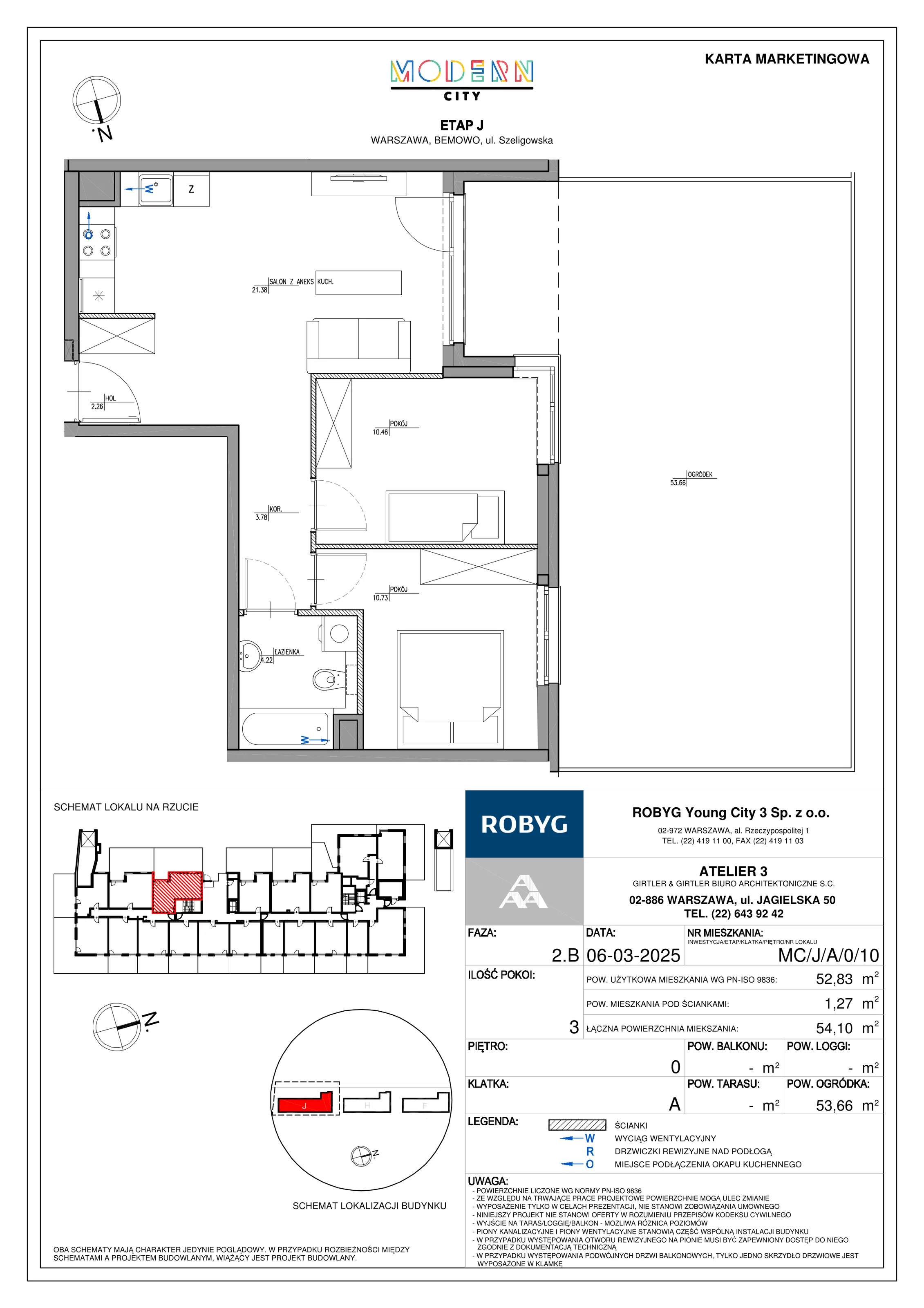 3 pokoje, mieszkanie 52,83 m², parter, oferta nr MC/J/A/0/10, Modern City etap J, Warszawa, Bemowo, Chrzanów, ul. Szeligowska