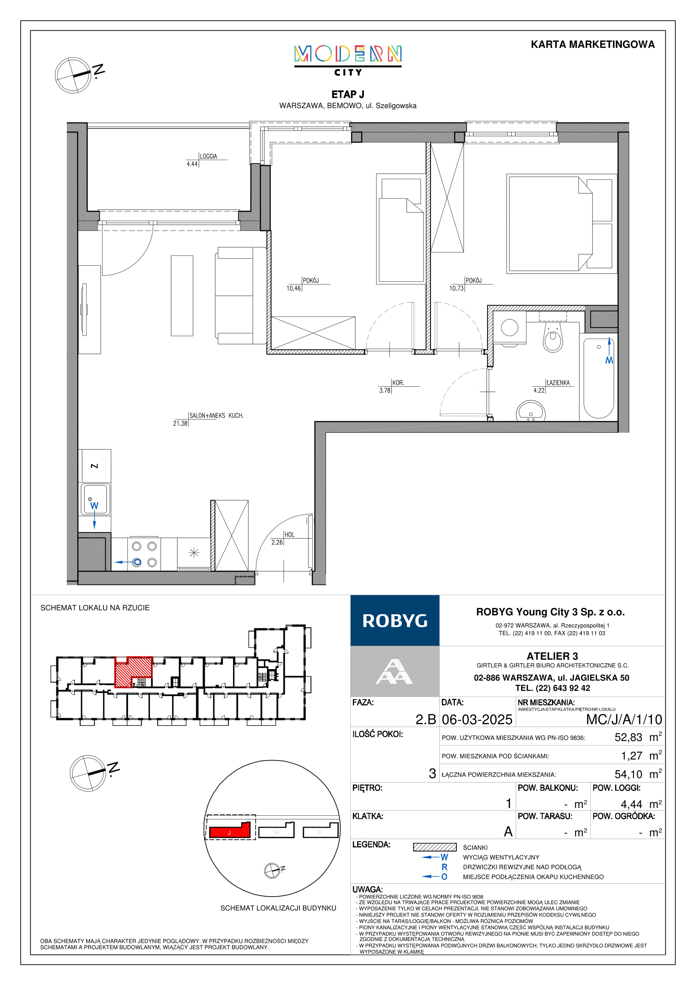 3 pokoje, mieszkanie 52,83 m², piętro 1, oferta nr MC/J/A/1/10, Modern City etap J, Warszawa, Bemowo, Chrzanów, ul. Szeligowska