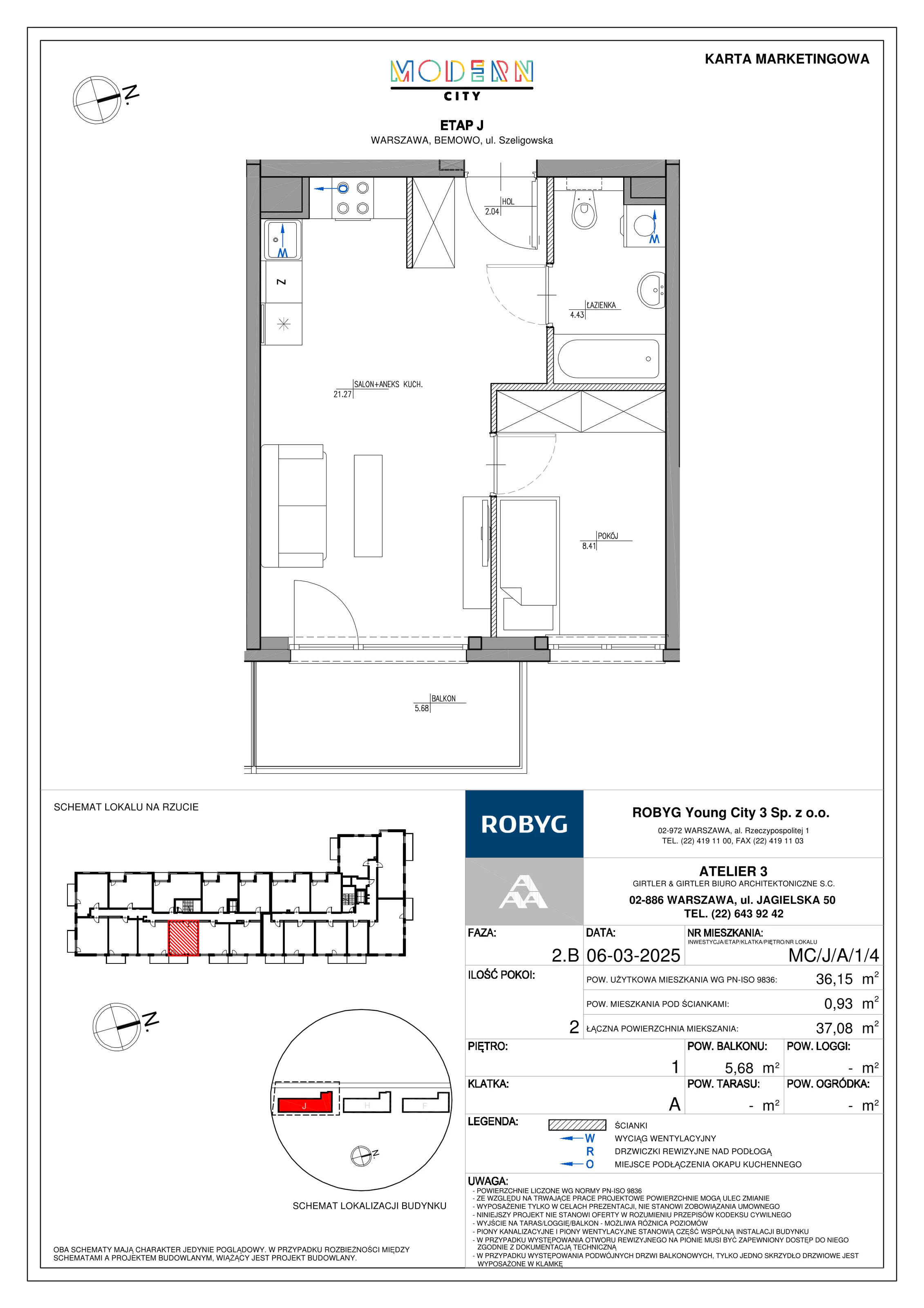 2 pokoje, mieszkanie 36,15 m², piętro 1, oferta nr MC/J/A/1/4, Modern City etap J, Warszawa, Bemowo, Chrzanów, ul. Szeligowska