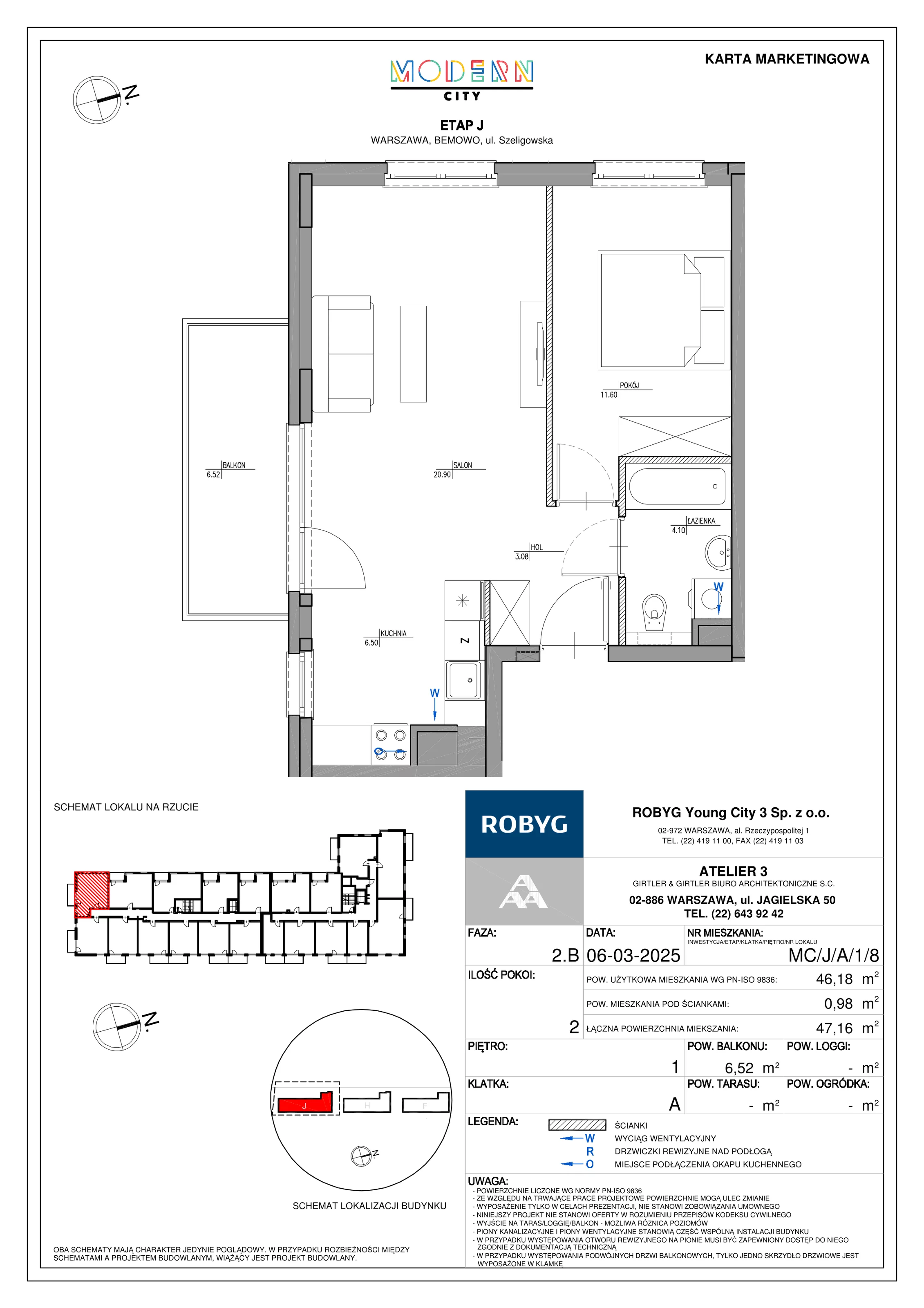 2 pokoje, mieszkanie 46,18 m², piętro 1, oferta nr MC/J/A/1/8, Modern City etap J, Warszawa, Bemowo, Chrzanów, ul. Szeligowska
