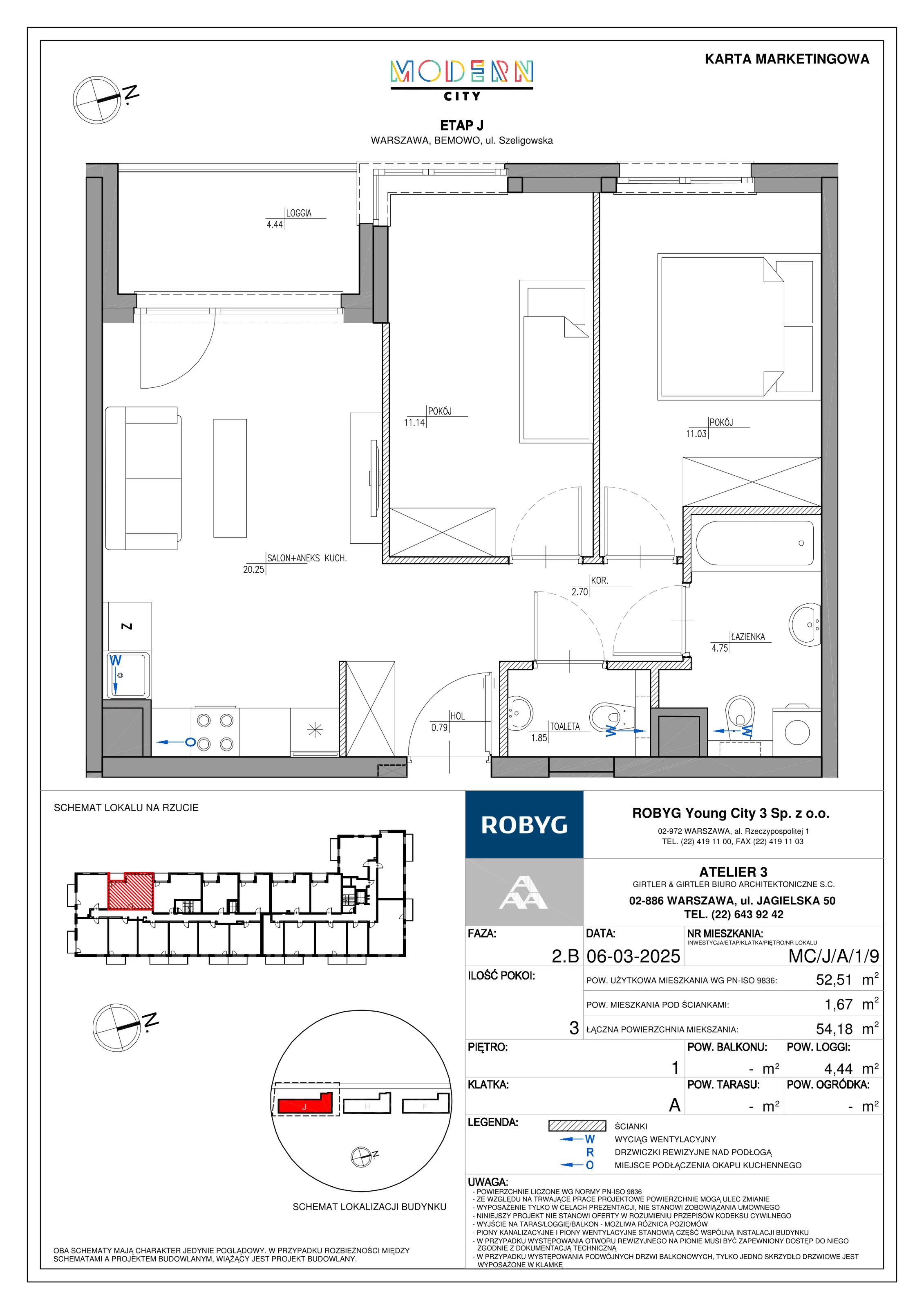 3 pokoje, mieszkanie 52,51 m², piętro 1, oferta nr MC/J/A/1/9, Modern City etap J, Warszawa, Bemowo, Chrzanów, ul. Szeligowska