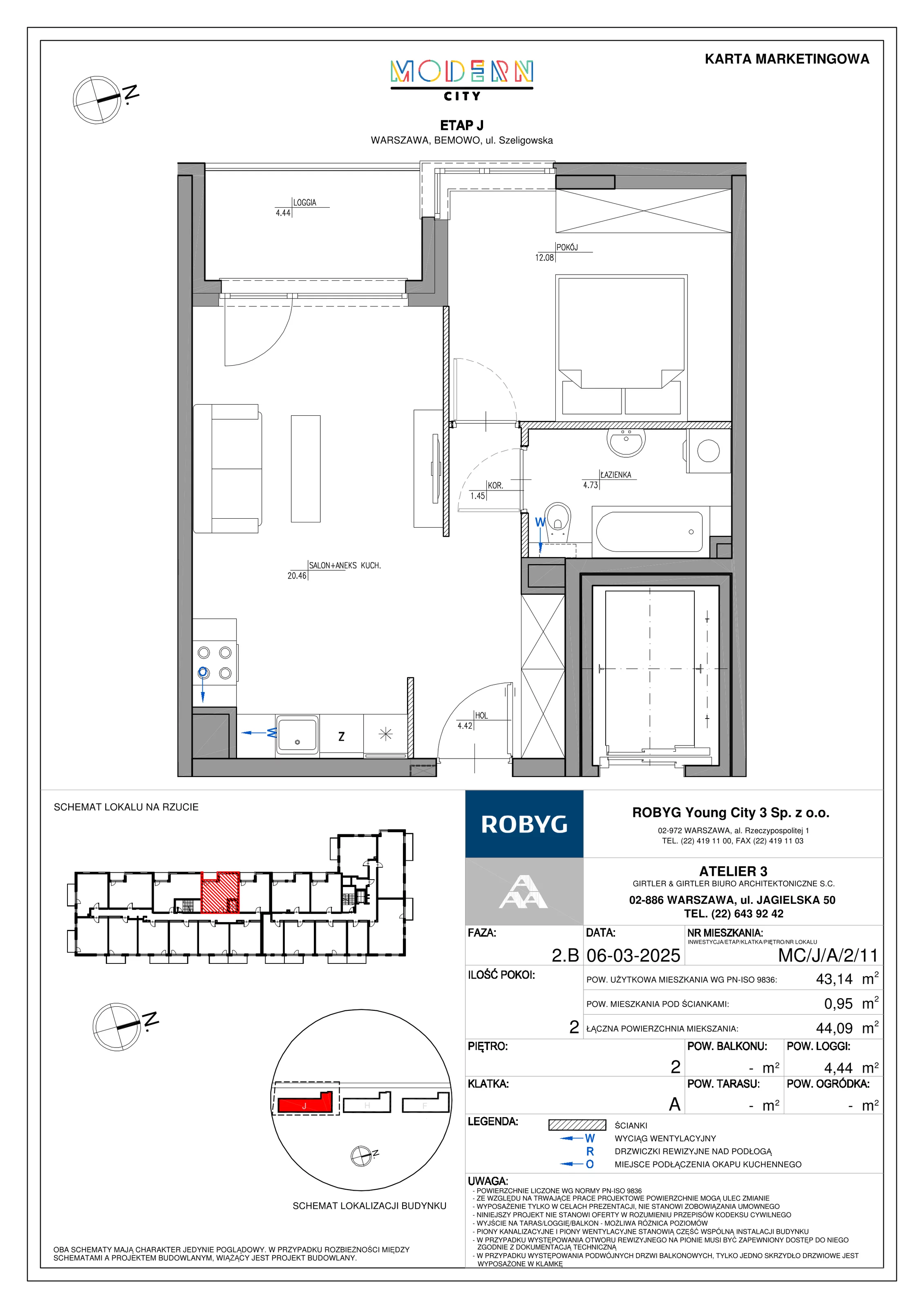 2 pokoje, mieszkanie 43,14 m², piętro 2, oferta nr MC/J/A/2/11, Modern City etap J, Warszawa, Bemowo, Chrzanów, ul. Szeligowska