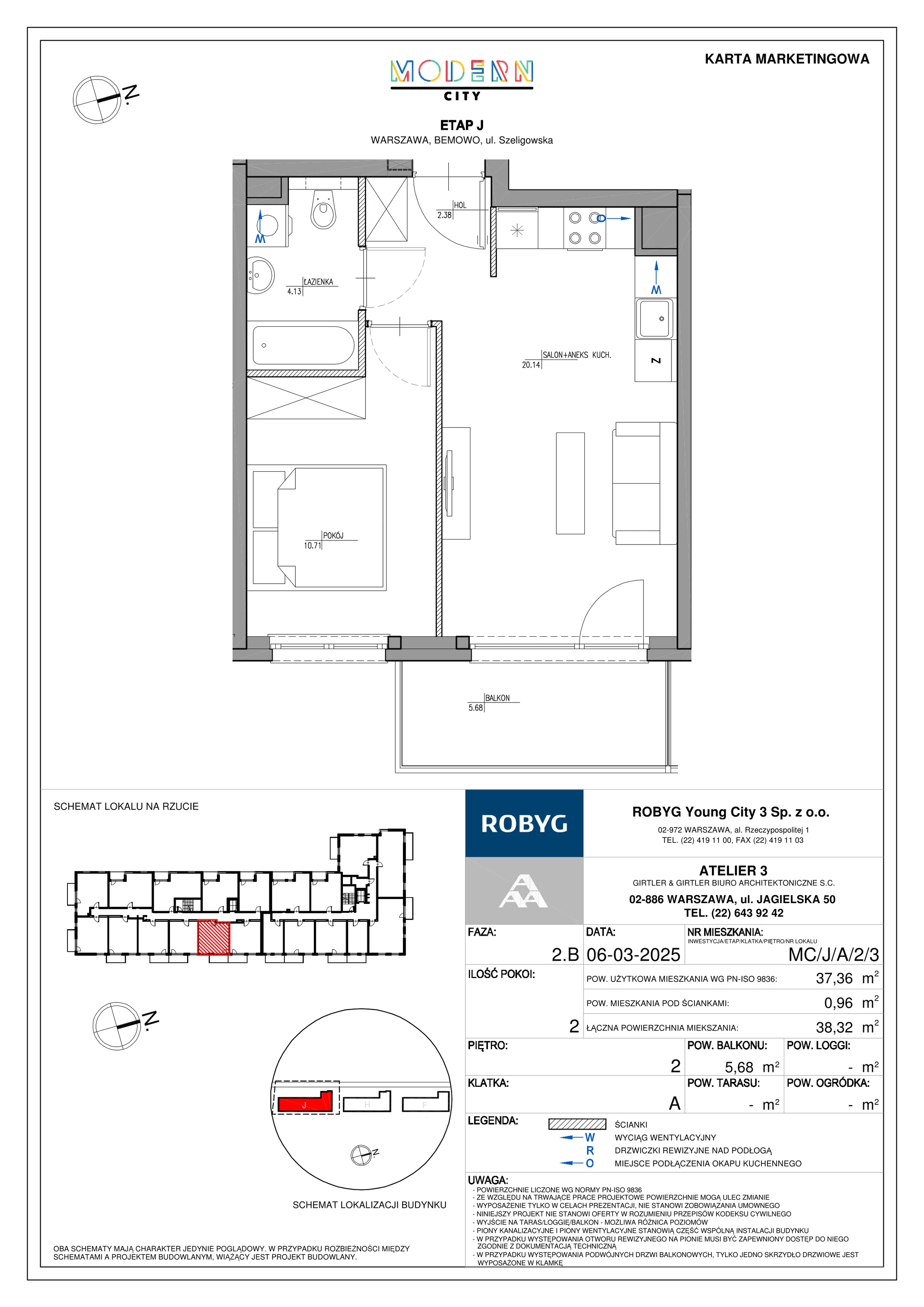 2 pokoje, mieszkanie 37,36 m², piętro 2, oferta nr MC/J/A/2/3, Modern City etap J, Warszawa, Bemowo, Chrzanów, ul. Szeligowska