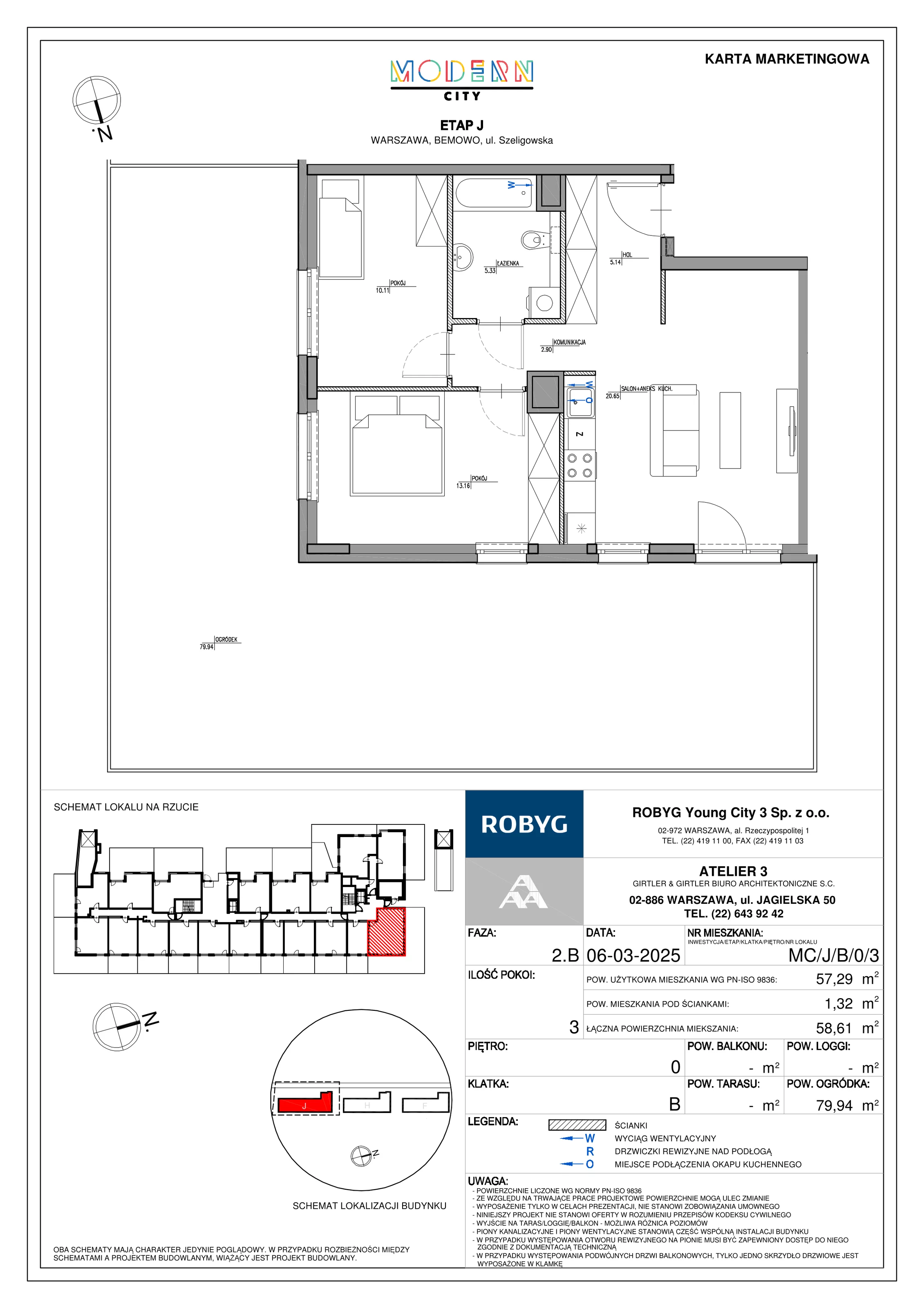 3 pokoje, mieszkanie 57,29 m², parter, oferta nr MC/J/B/0/3, Modern City etap J, Warszawa, Bemowo, Chrzanów, ul. Szeligowska
