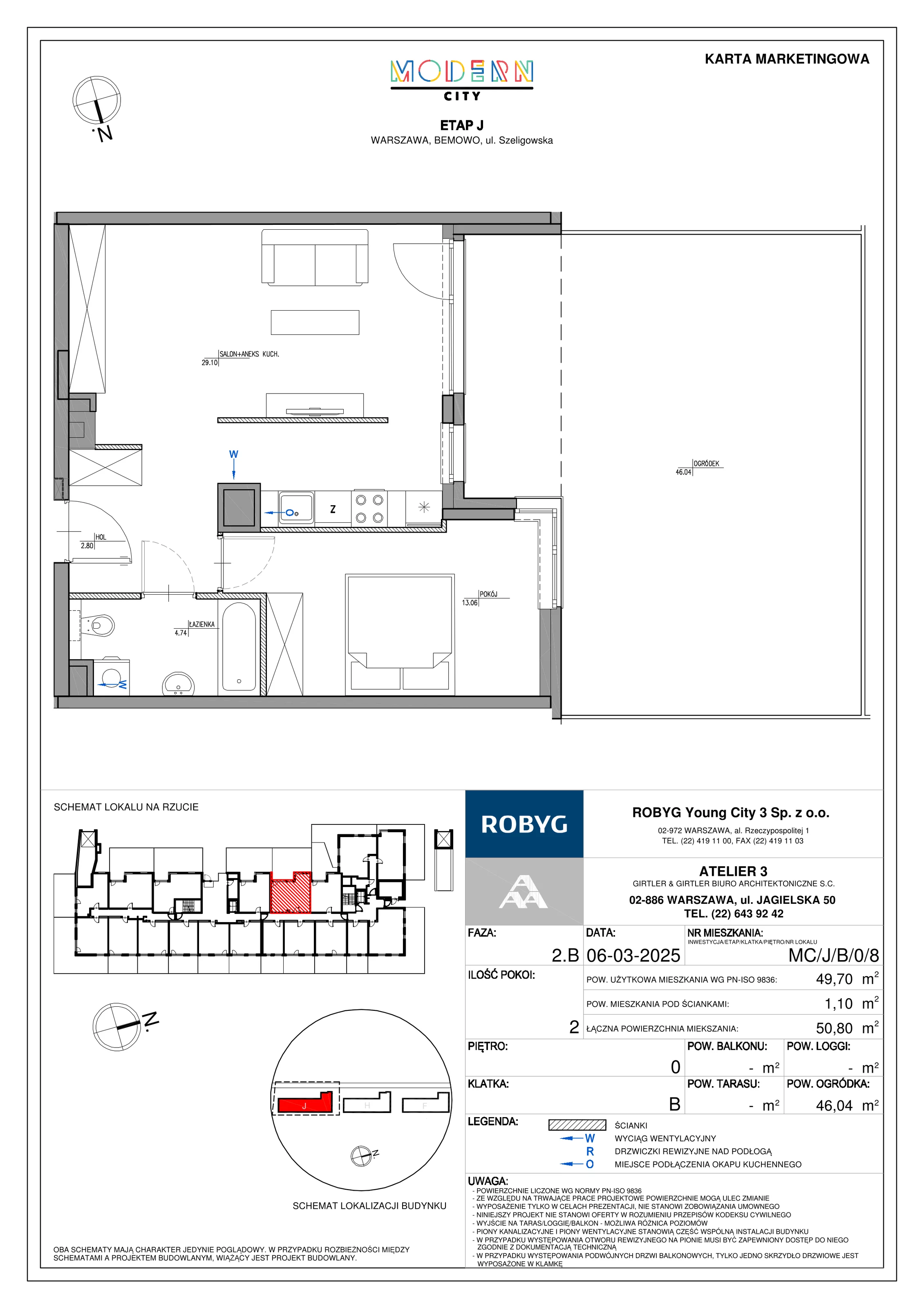 2 pokoje, mieszkanie 49,70 m², parter, oferta nr MC/J/B/0/8, Modern City etap J, Warszawa, Bemowo, Chrzanów, ul. Szeligowska