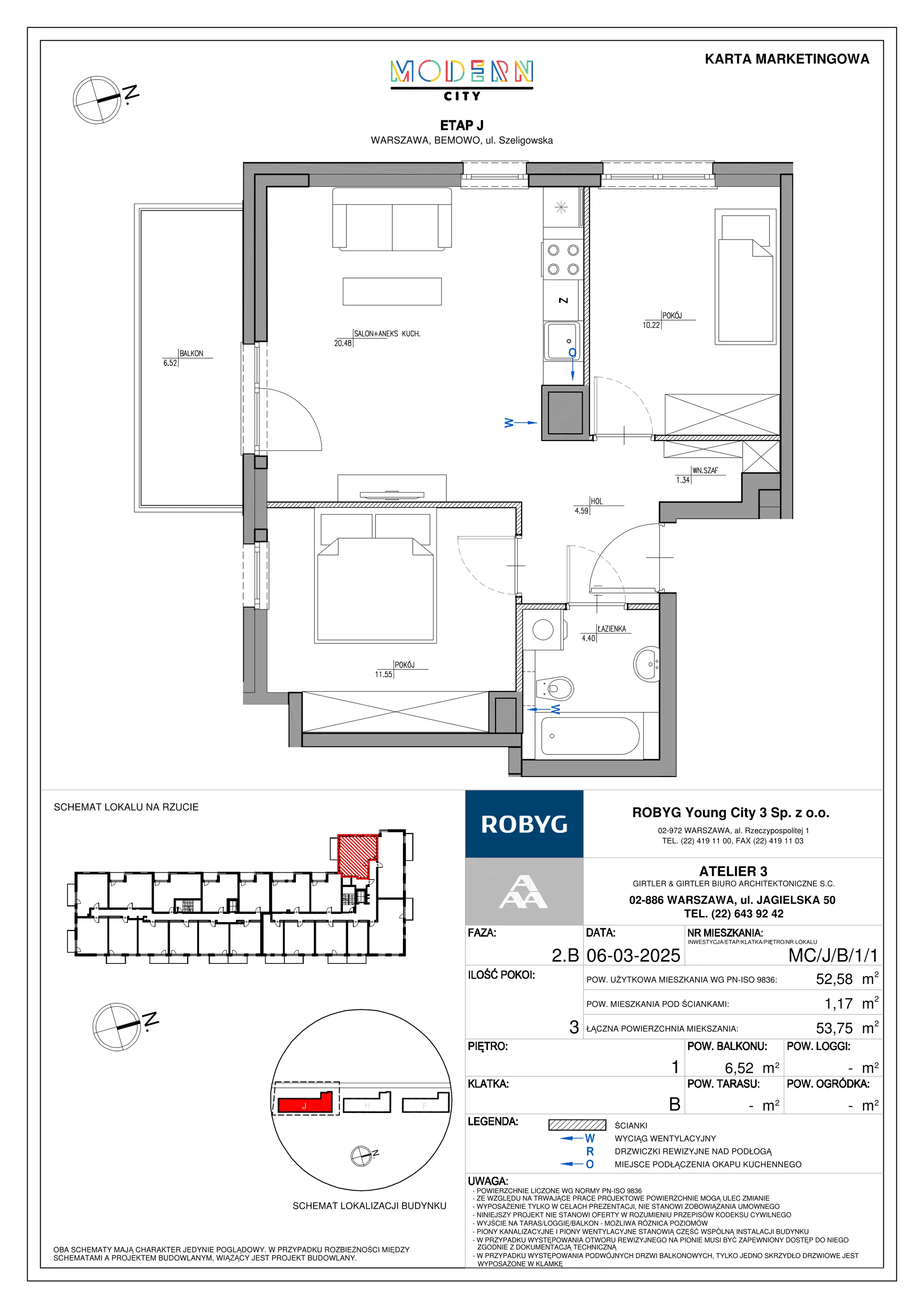 3 pokoje, mieszkanie 52,58 m², piętro 1, oferta nr MC/J/B/1/1, Modern City etap J, Warszawa, Bemowo, Chrzanów, ul. Szeligowska