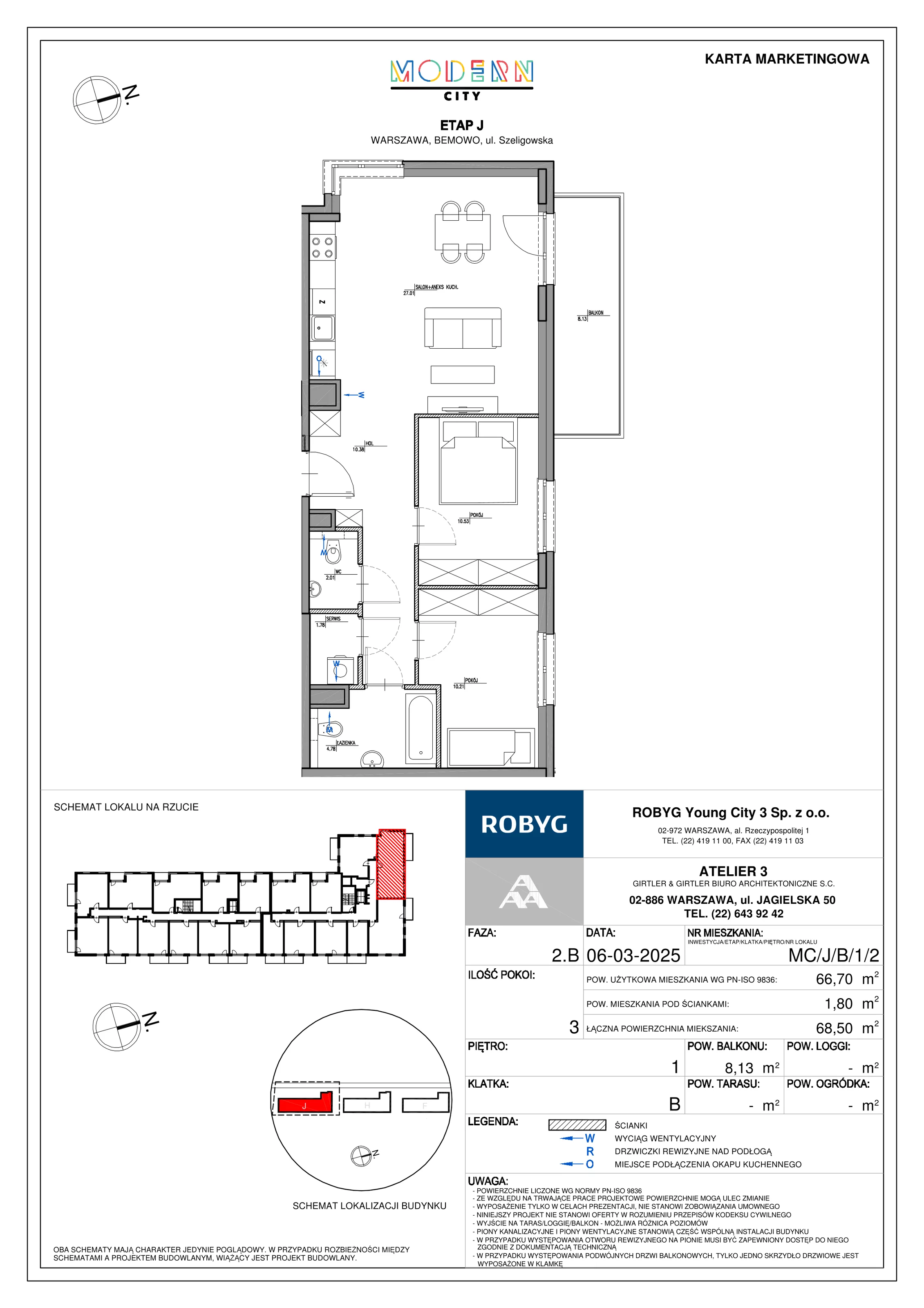 3 pokoje, mieszkanie 66,70 m², piętro 1, oferta nr MC/J/B/1/2, Modern City etap J, Warszawa, Bemowo, Chrzanów, ul. Szeligowska
